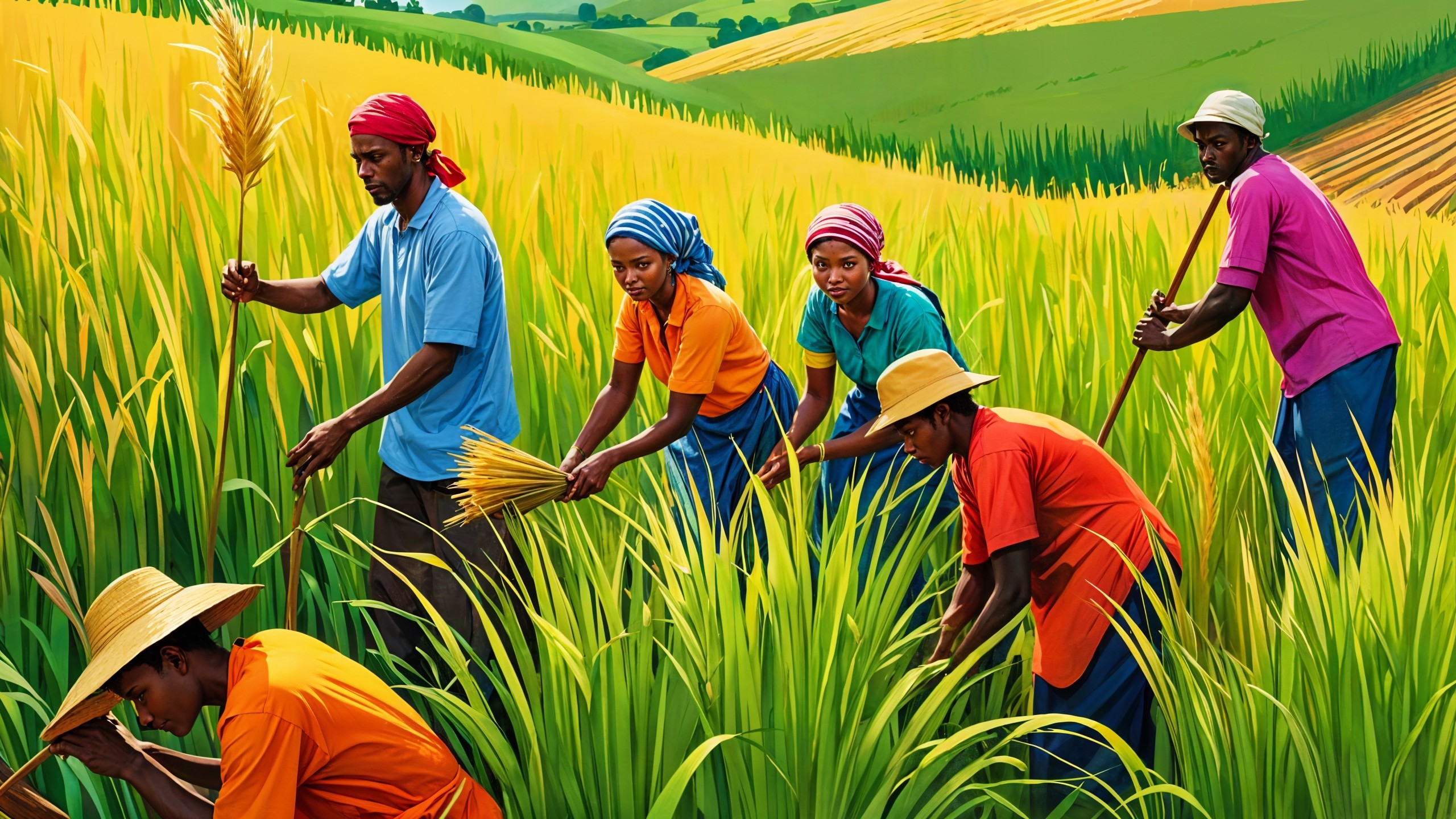 Agricultural Workers Harvesting Rice in Golden Field
