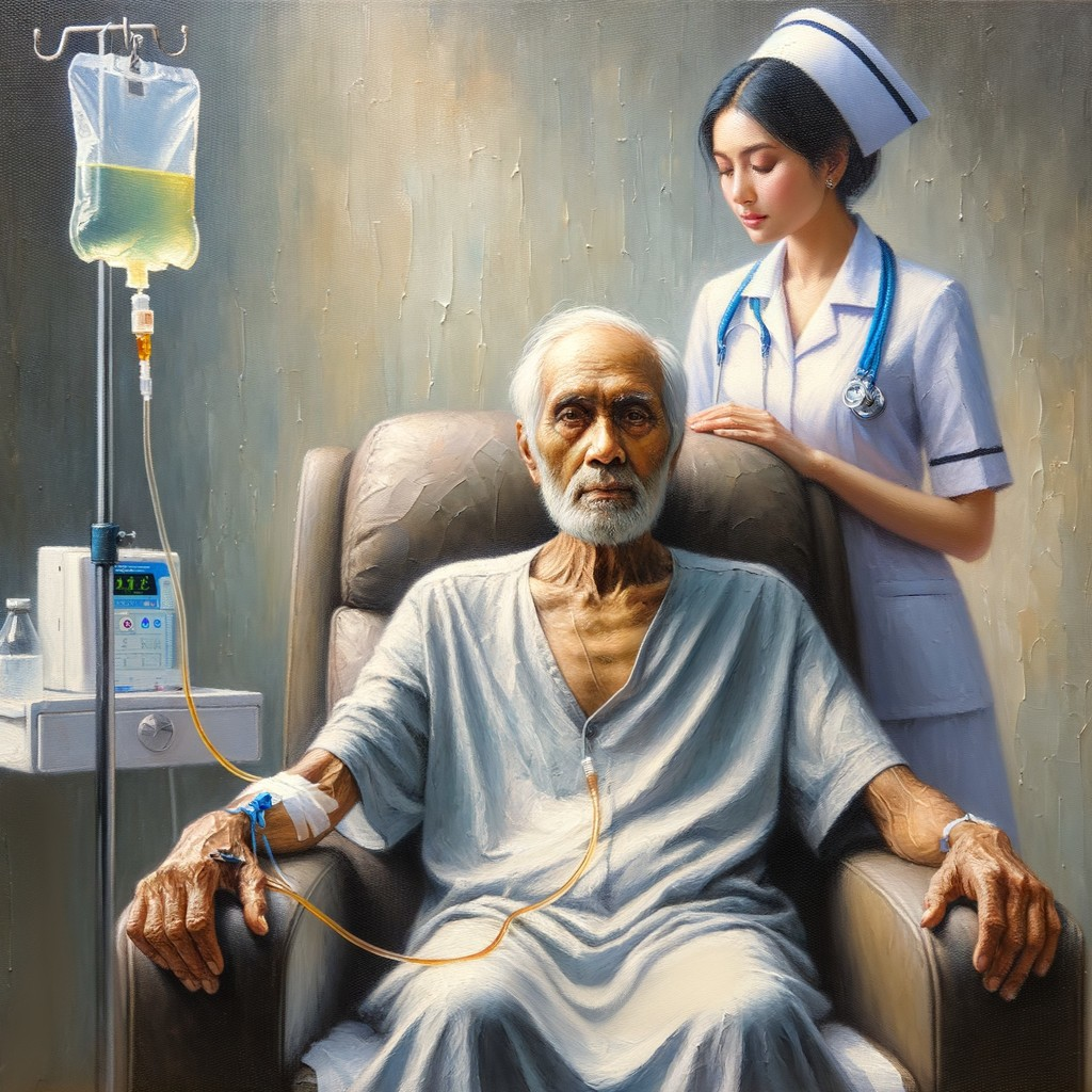 Elderly Man in Hospital Chair with IV and Caring Nurse