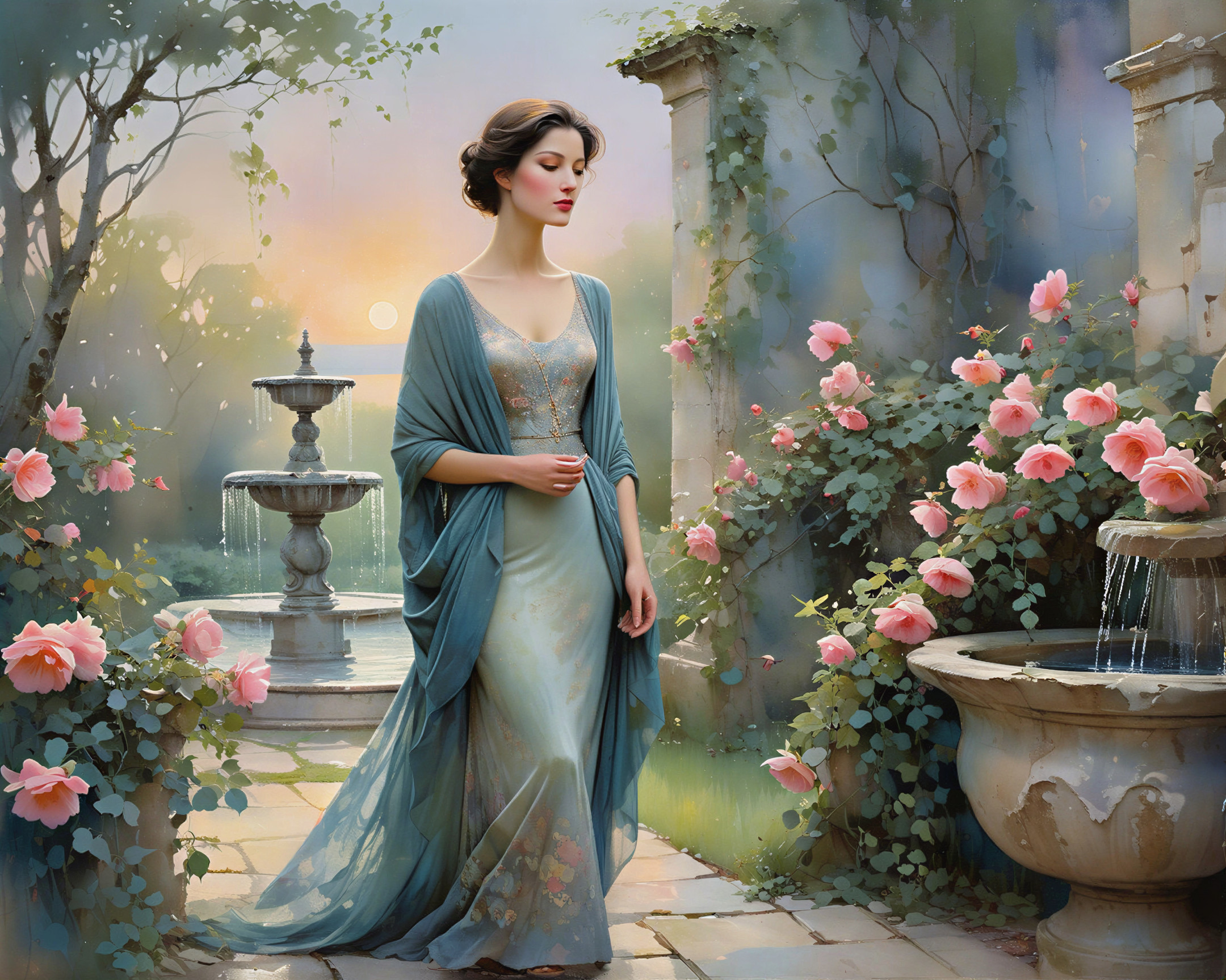 Serene Garden Scene with Woman by Fountain at Dawn