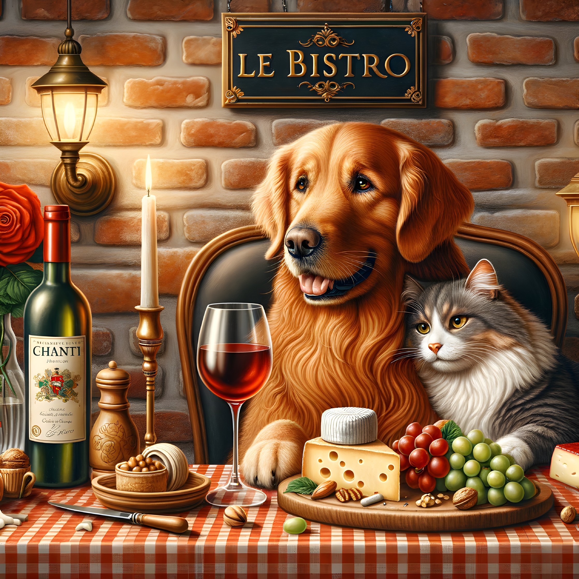 Cozy Bistro Scene with Pets and Wine Arrangement