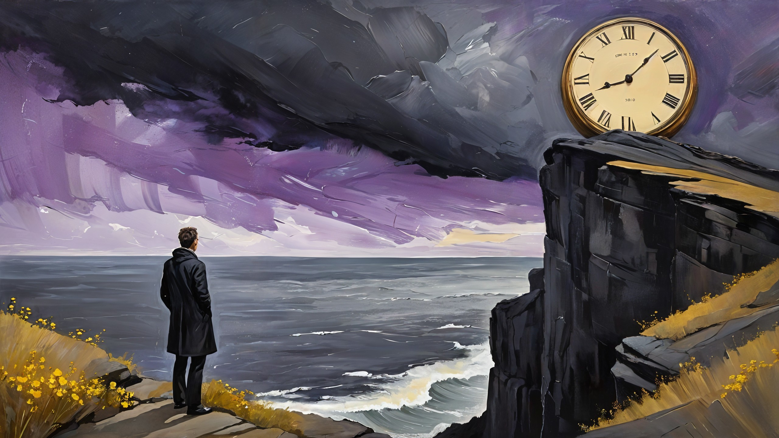 Solitary Figure on Cliff with Surreal Clock and Sea