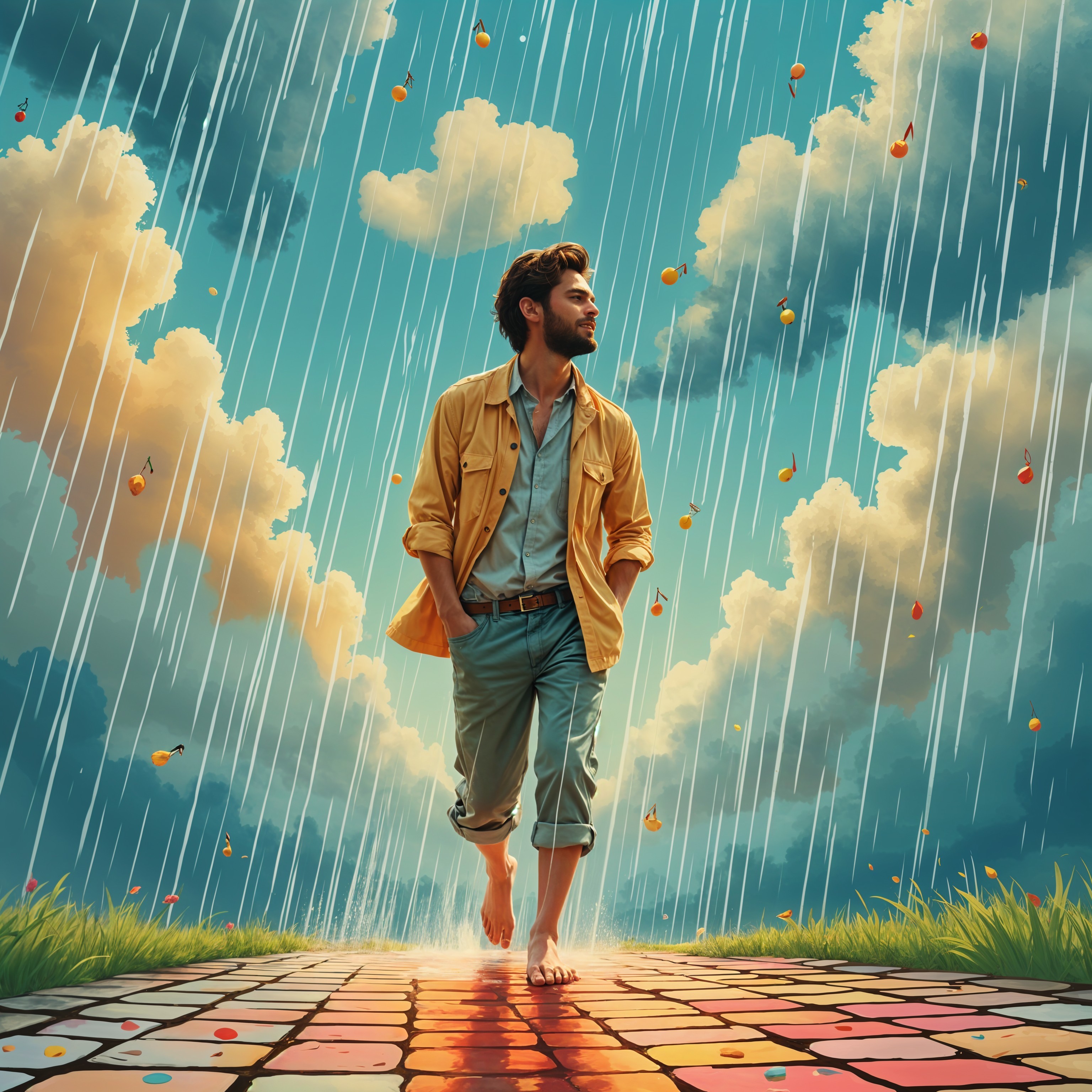 Young man walking barefoot on a colorful path in rain