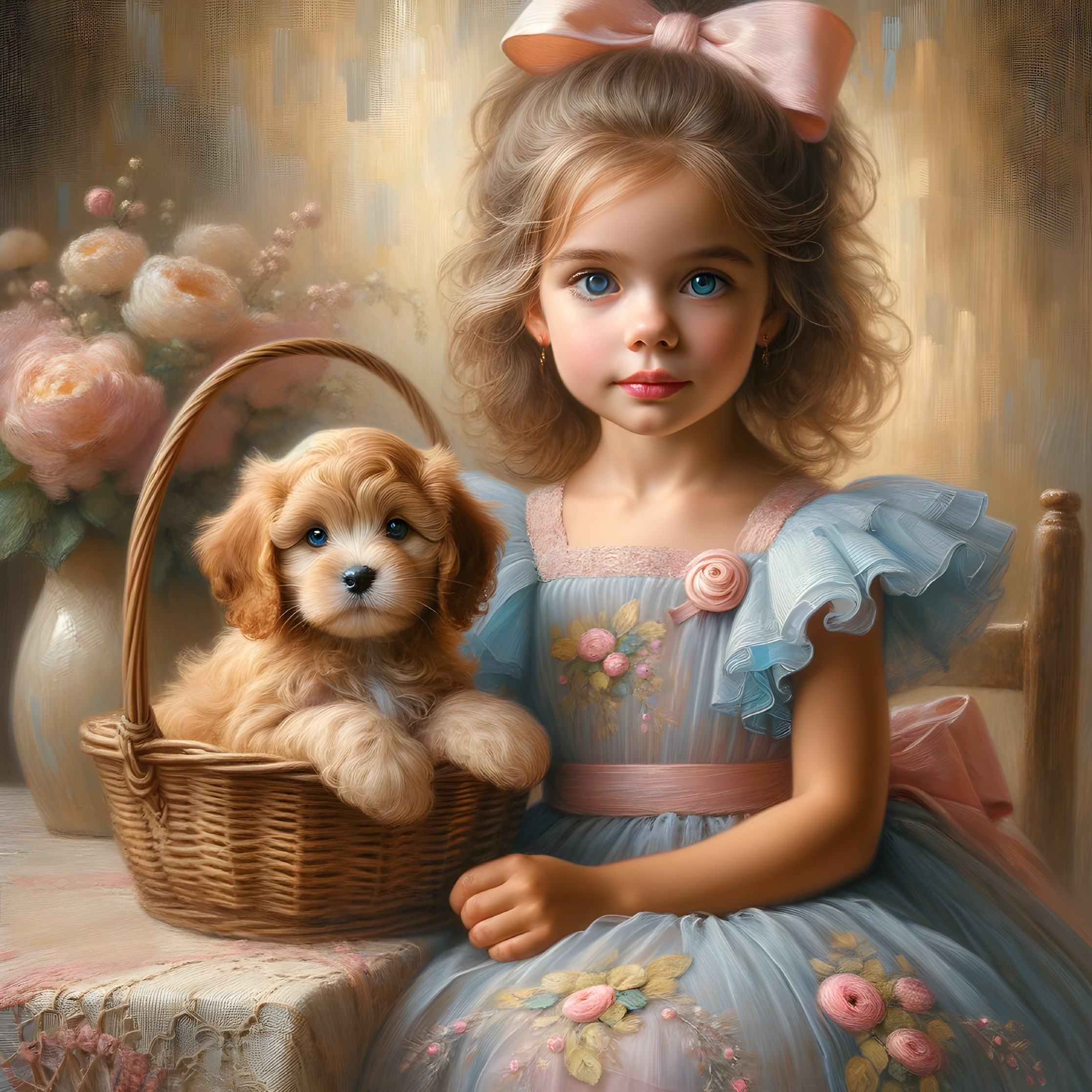 Young girl with puppy in a floral basket setting
