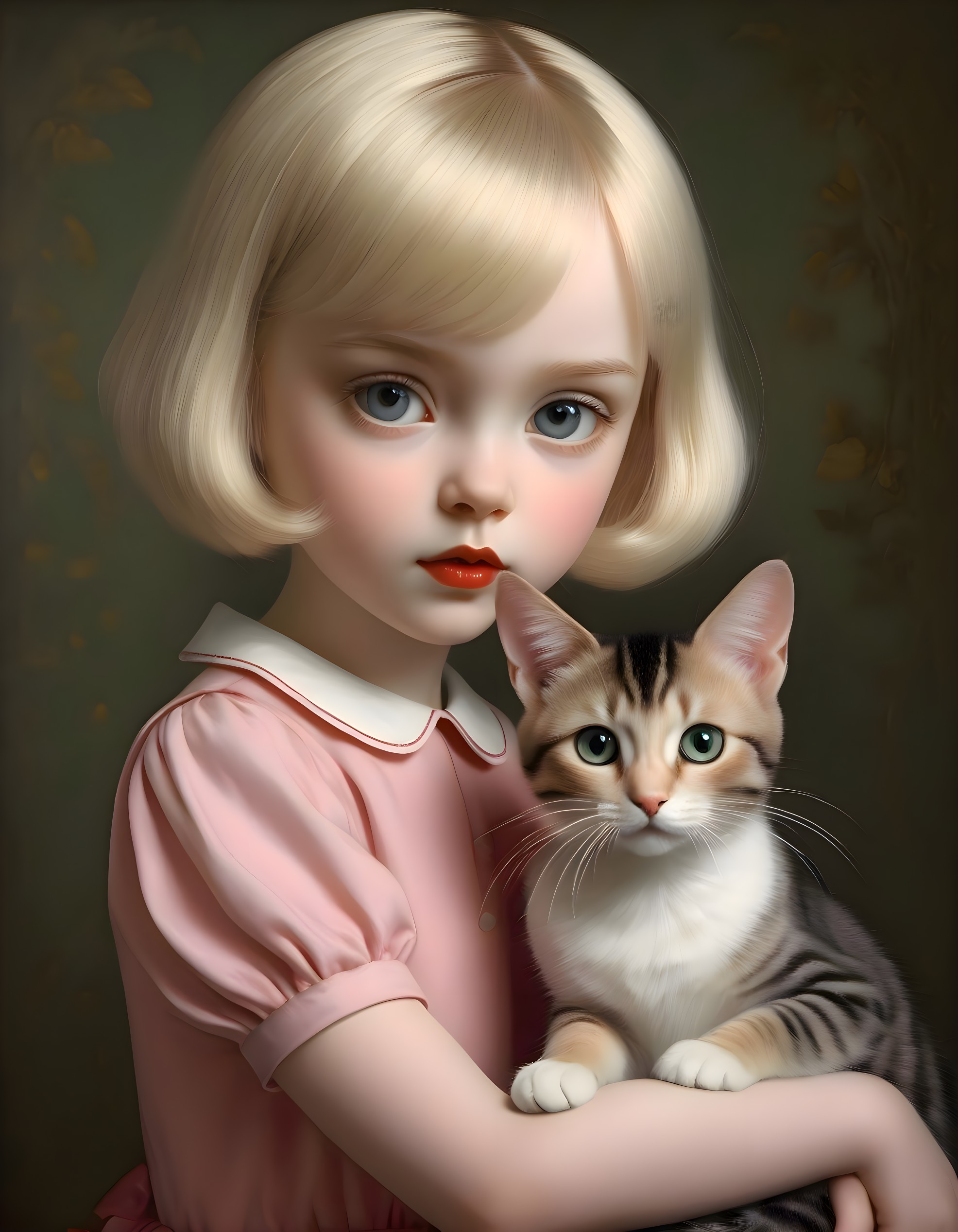 Young girl with blonde bobbed hair holding a striped cat in a pink dress