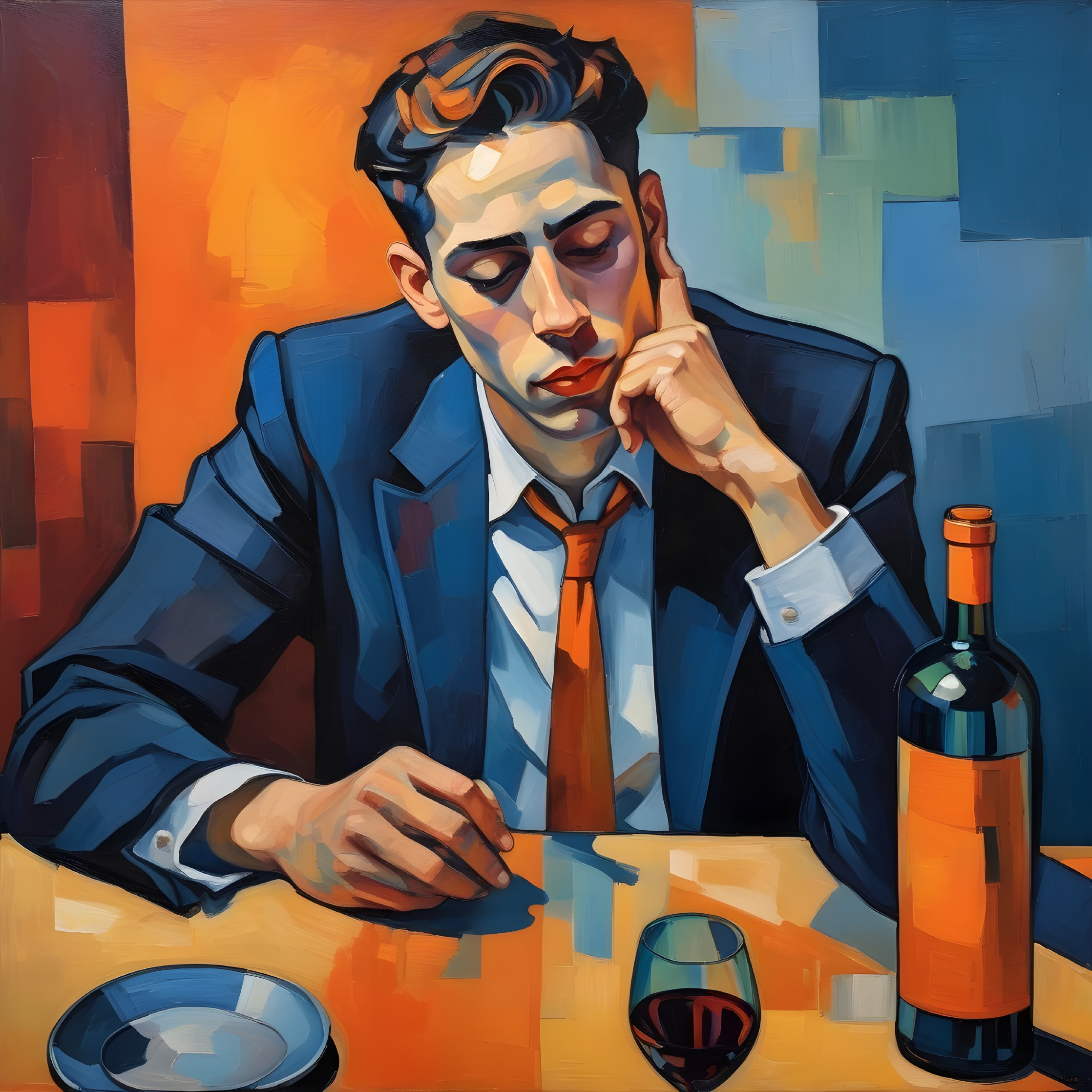 Stylish Man in Suit Contemplating with Wine Glass