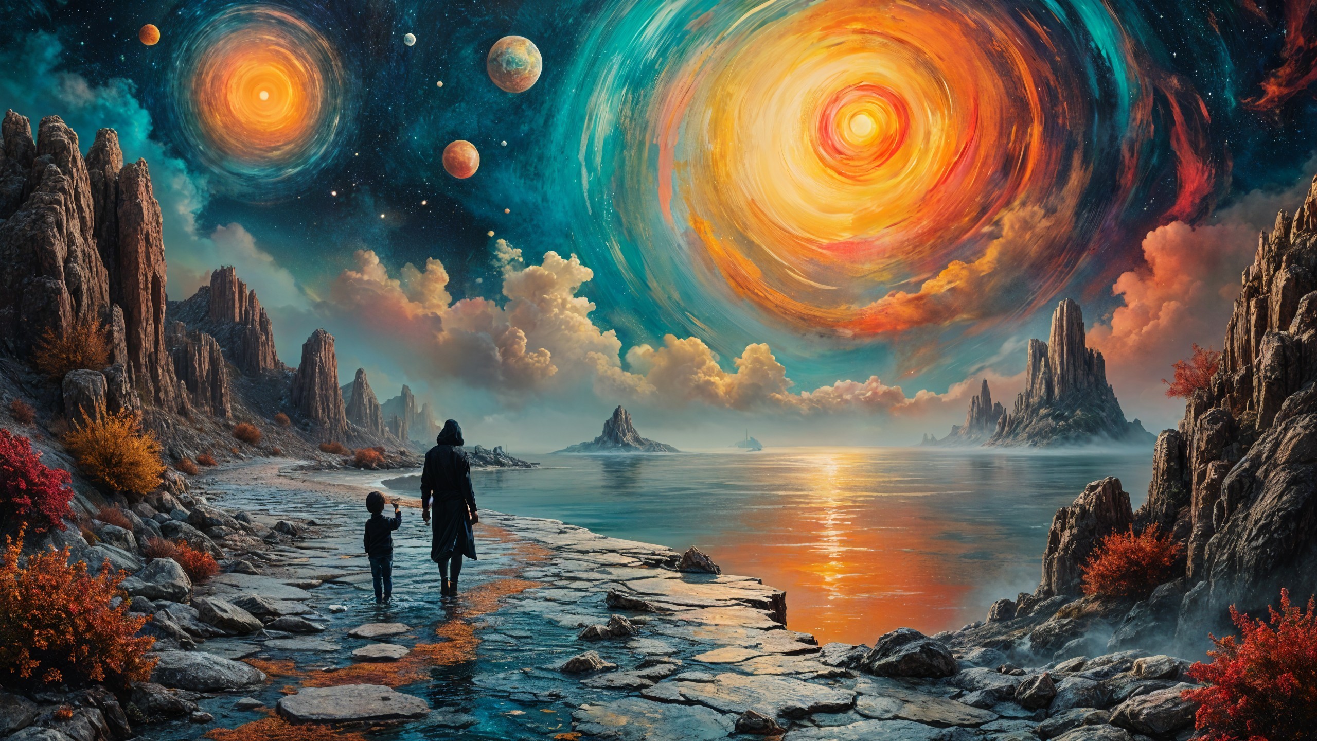 Cosmic Scene with Galaxy and Serene Landscape