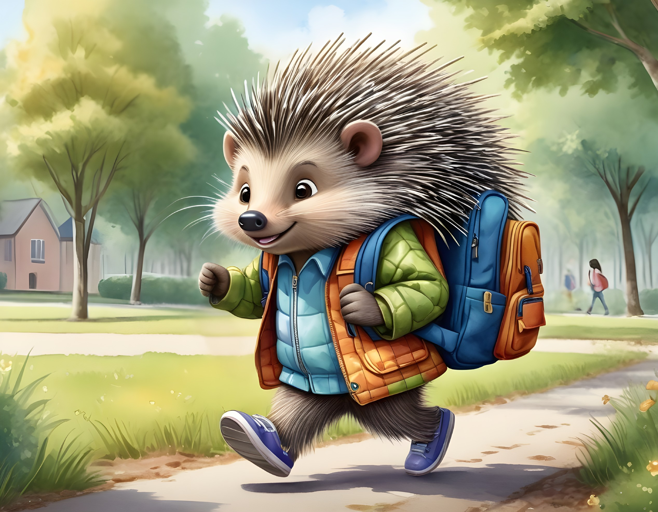 Animated hedgehog in jacket and backpack running on sidewalk among trees and people