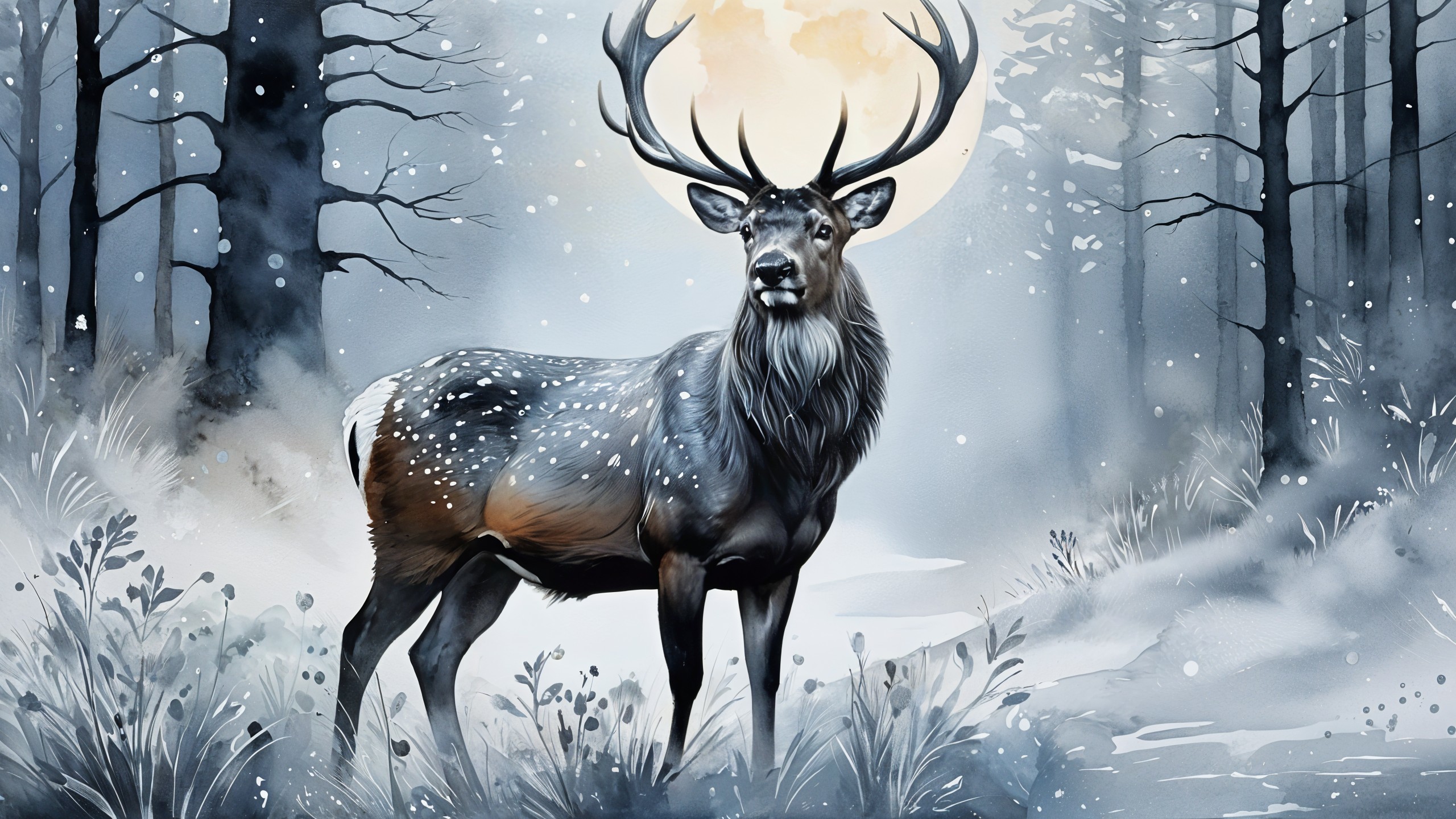Majestic stag in wintry landscape under full moon