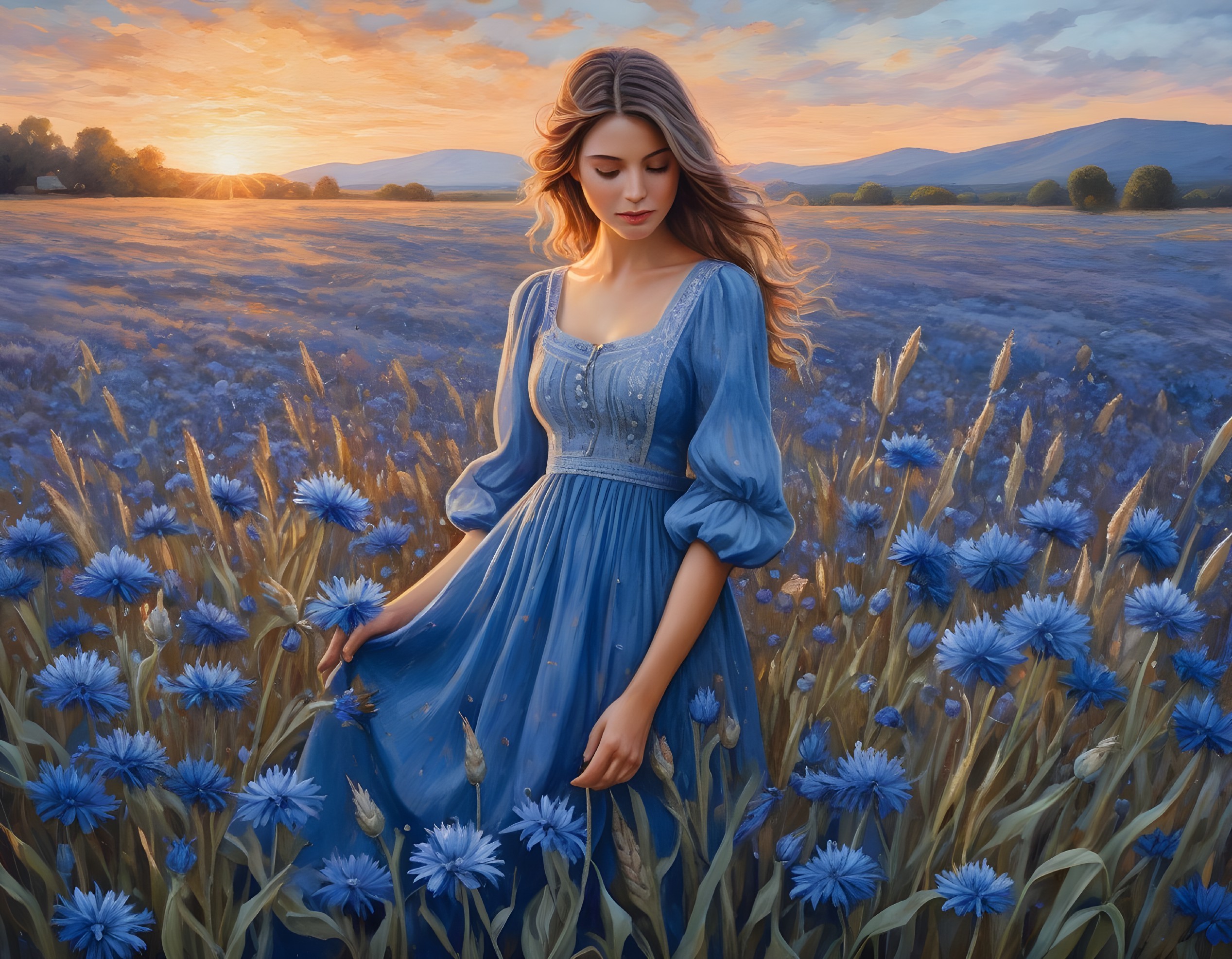 Woman in Blue Dress Surrounded by Purple Flowers and Sunset