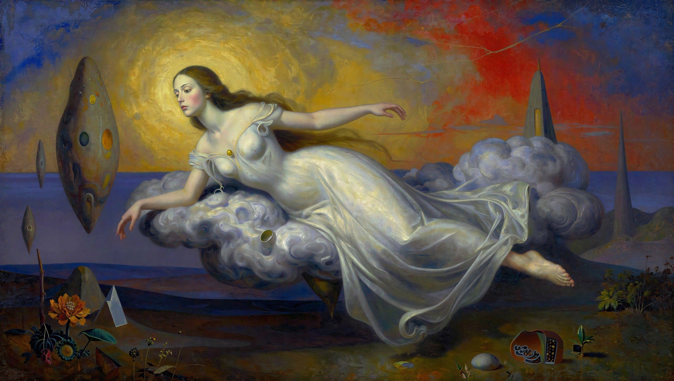 Surreal Oil Painting of a Woman on a Gray Cloud