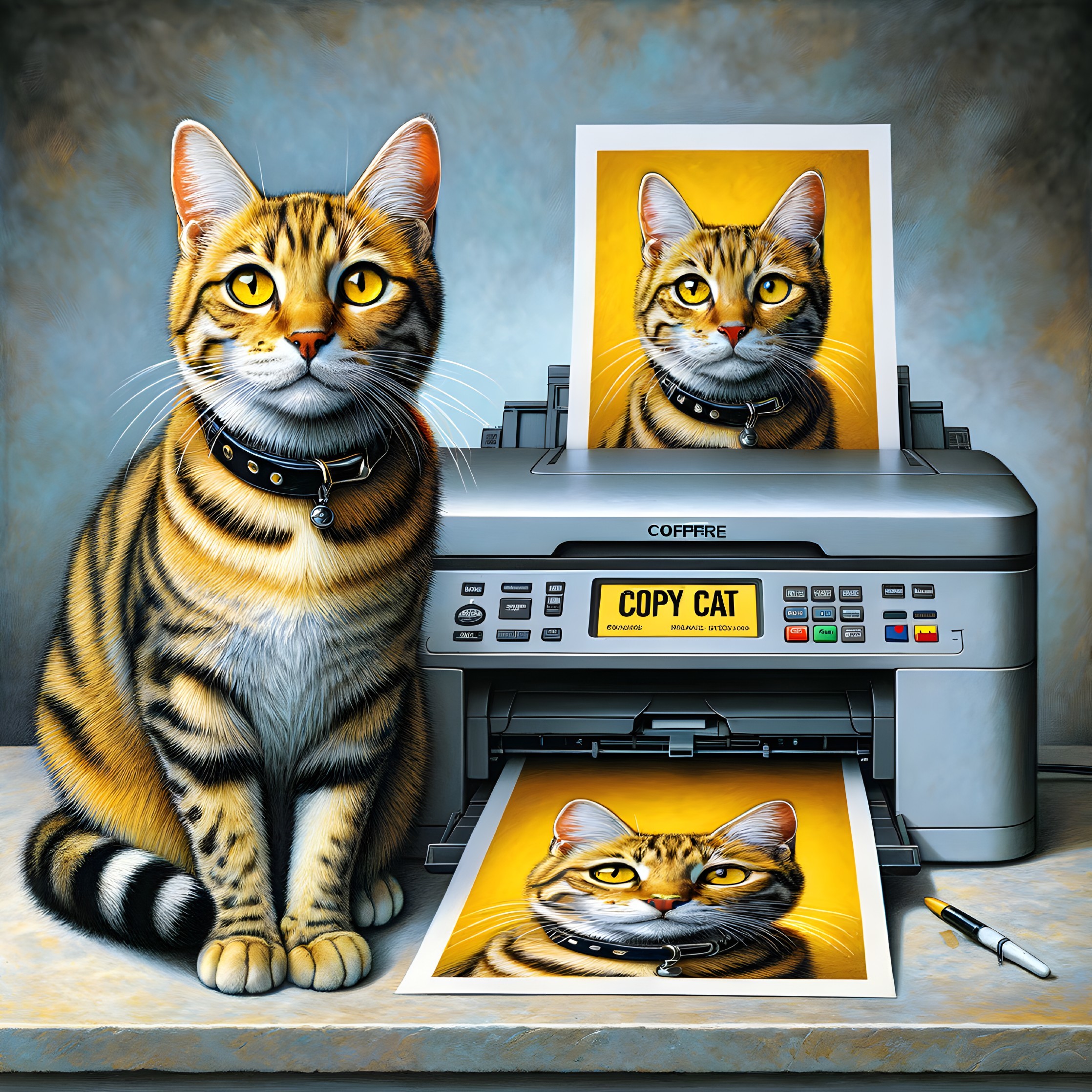 Playful Tabby Cat Next to Printer with Printout