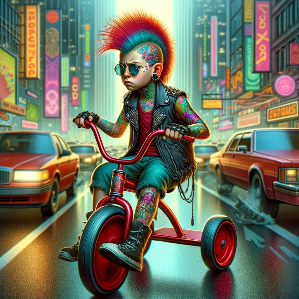 Colorful Mohawk Kid Riding Red Tricycle in Neon-lit Urban Setting