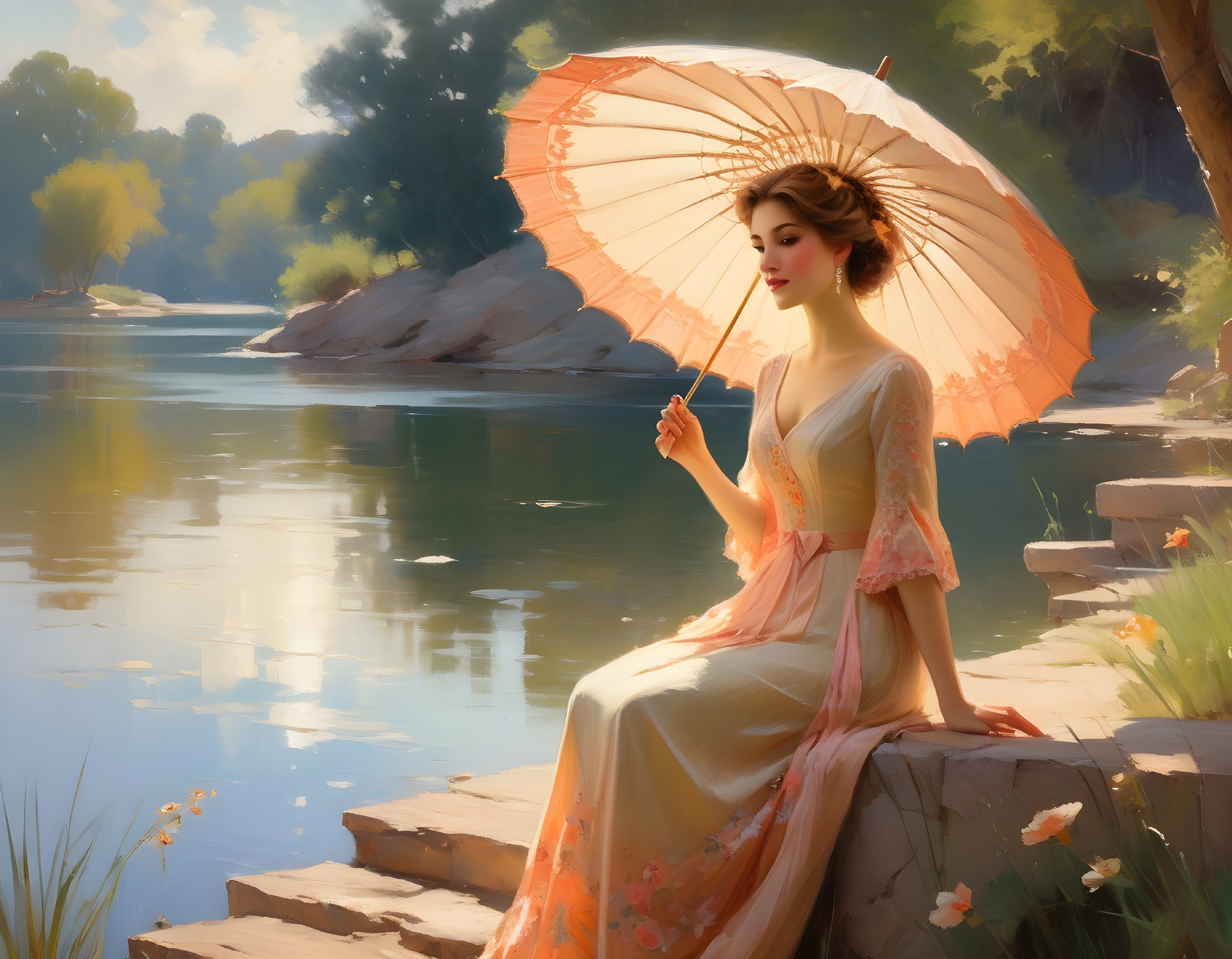 Young Woman by Tranquil River with Peach Parasol