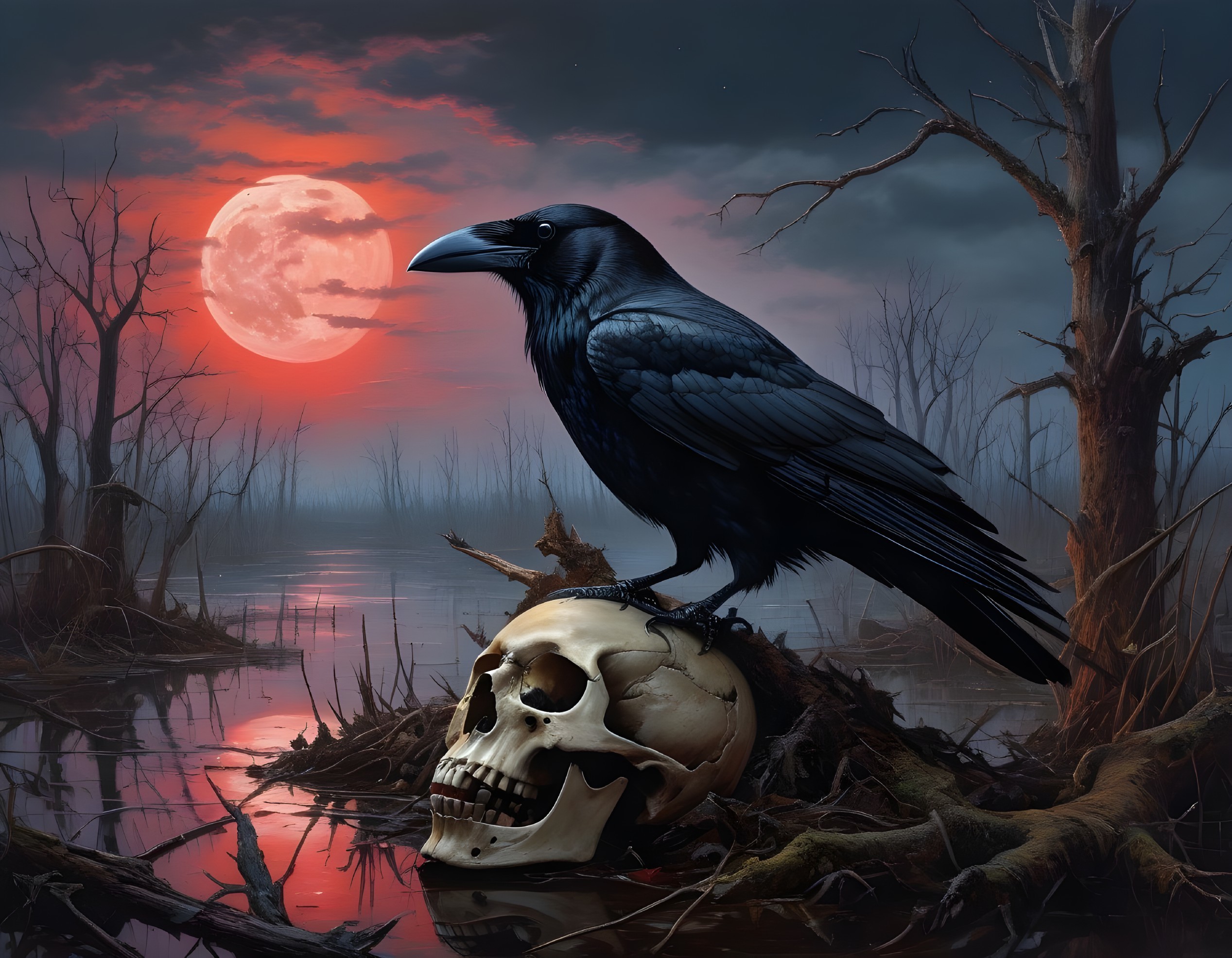 Raven on Skull in Misty Swamp Under Blood-Red Moon