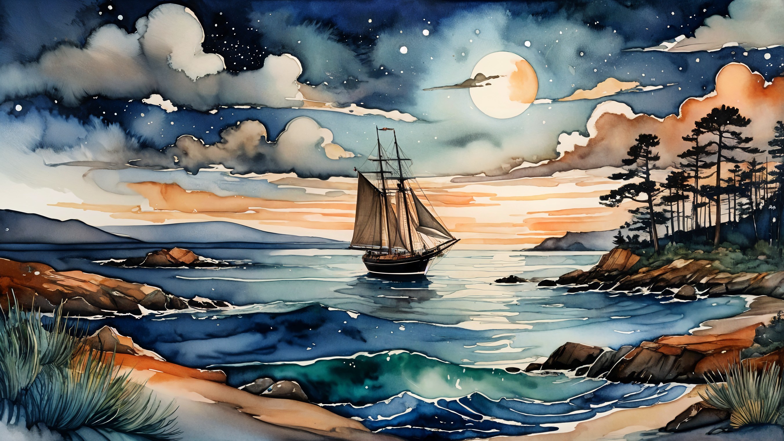 Classic Sailboat on Tranquil Waters at Dusk
