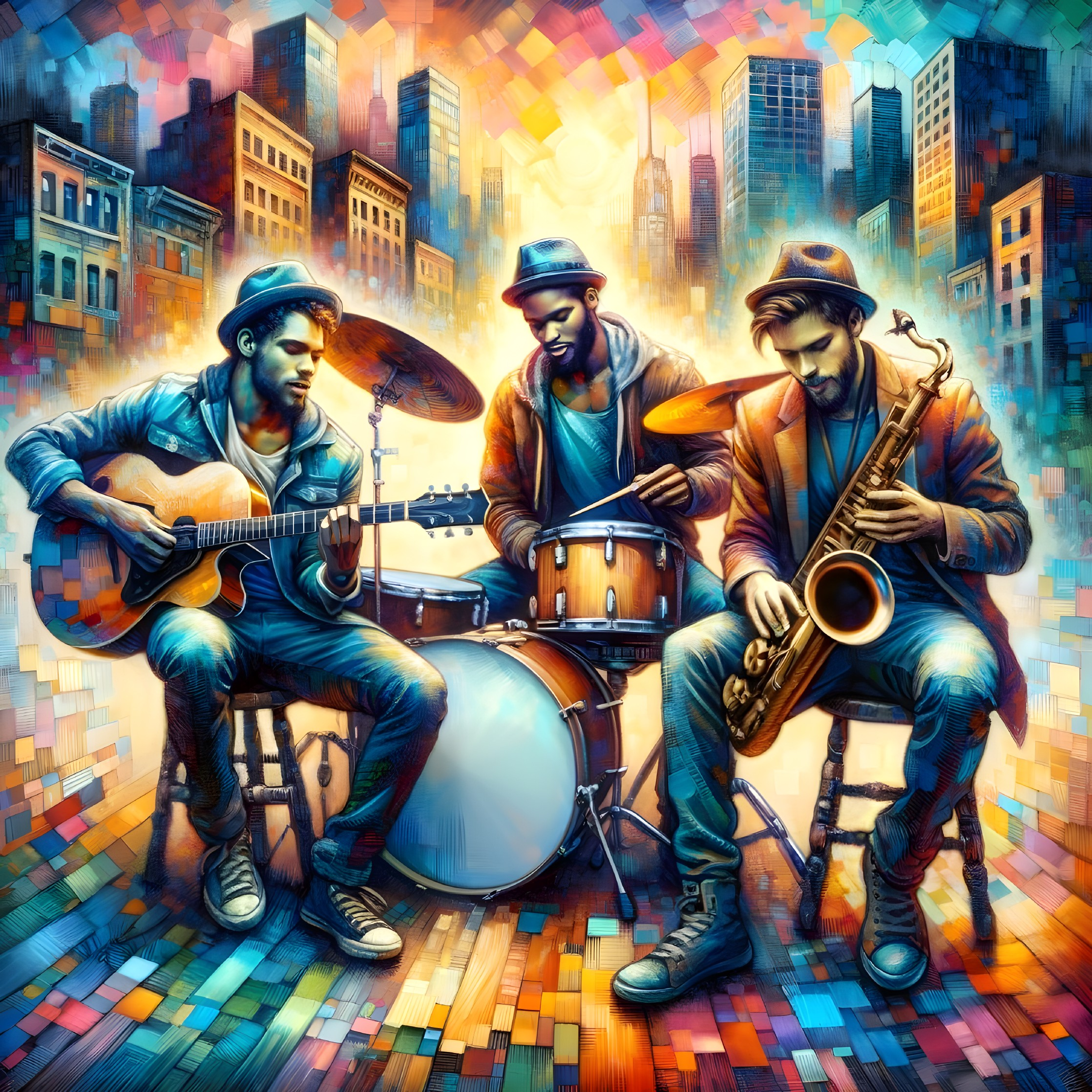 Musicians Performing in a Vibrant Urban Scene