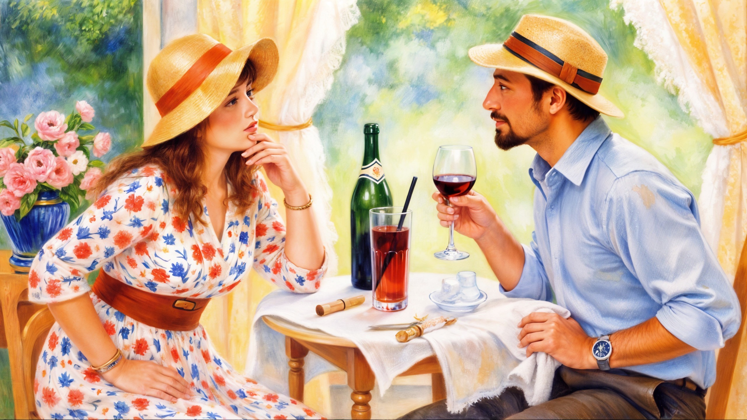 Couple Conversing at a Sunlit Table with Drinks