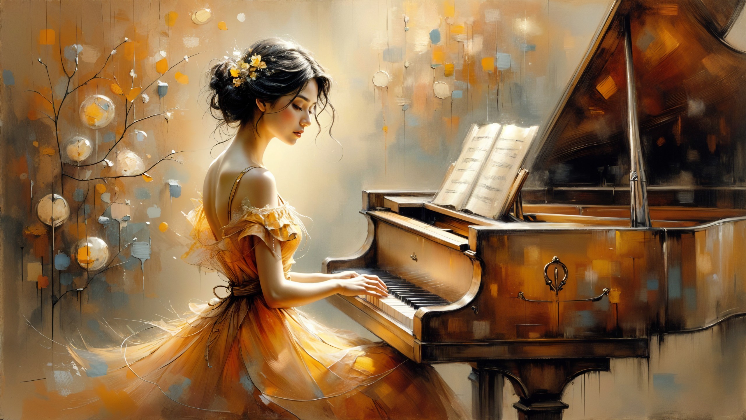 Young Woman in Yellow Dress Playing Grand Piano