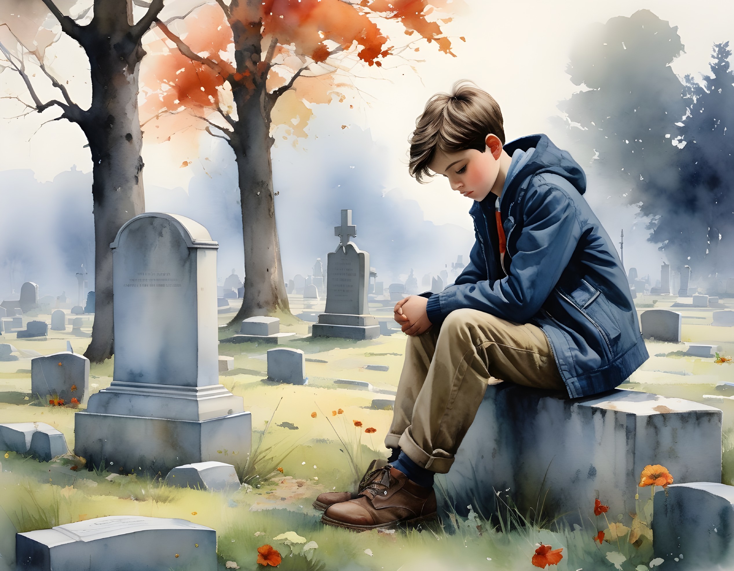 Young Boy in Contemplation at Serene Cemetery