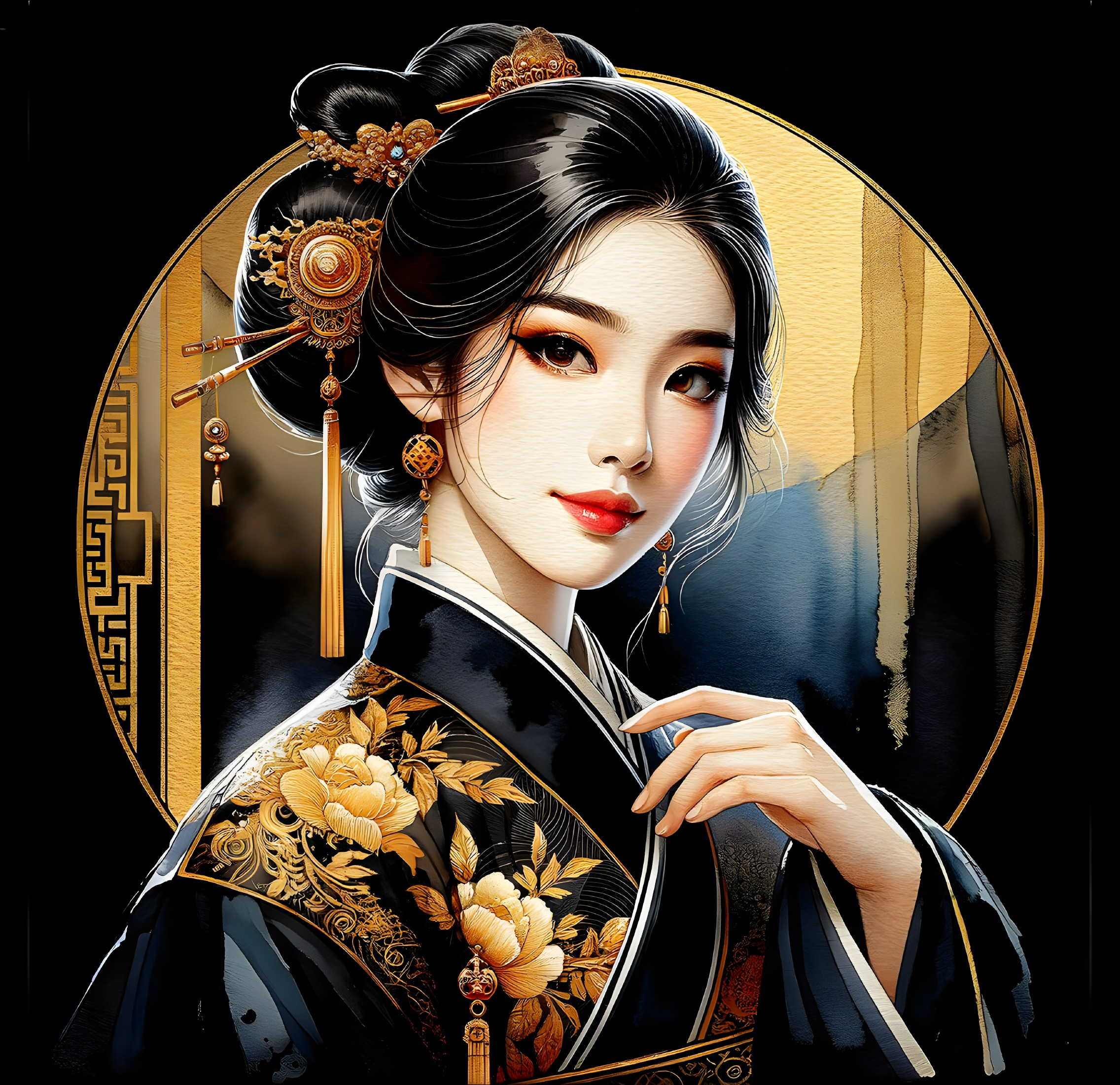 Young Woman in Traditional Kimono with Floral Patterns