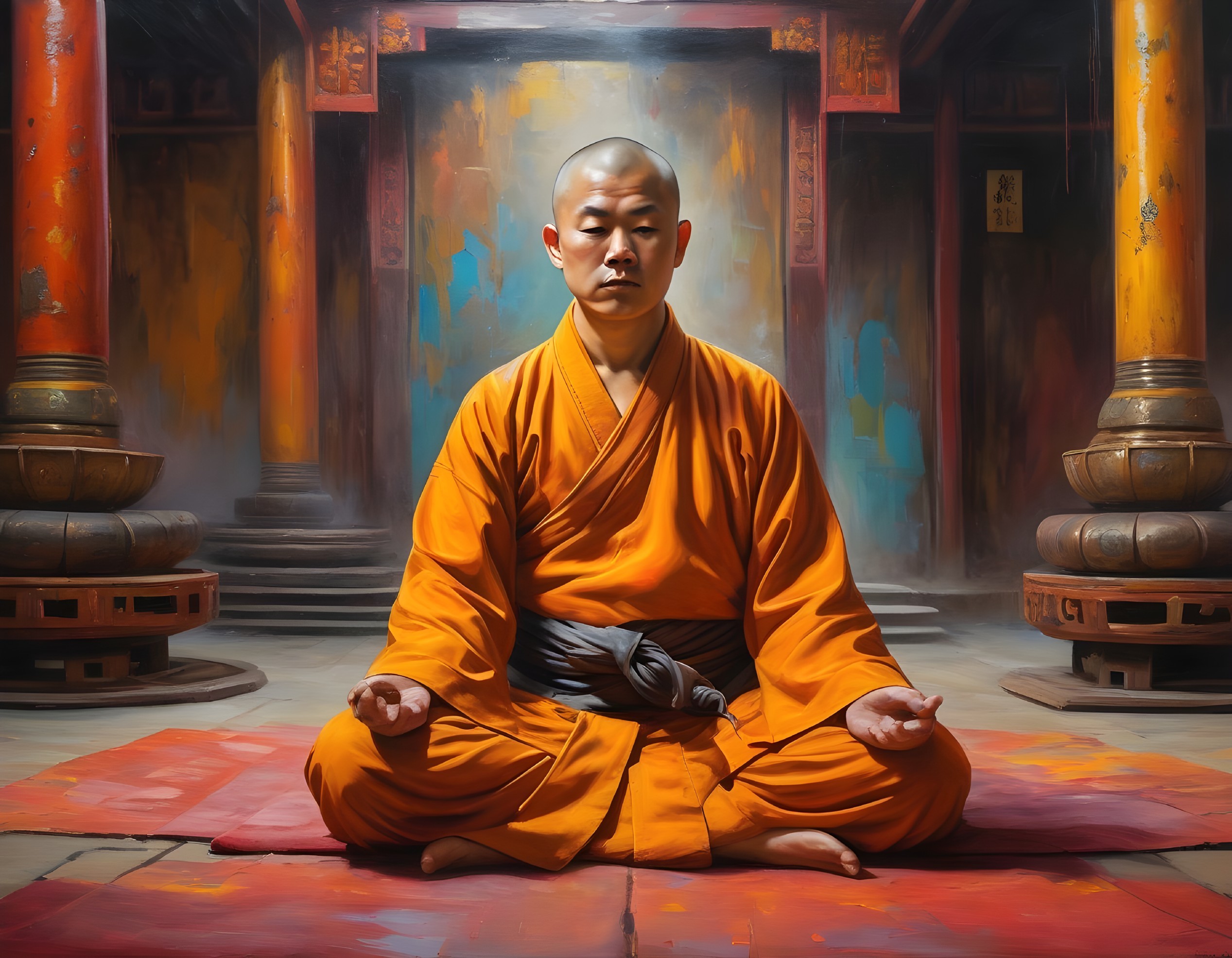 Monk meditating in vibrant temple hall with wooden pillars