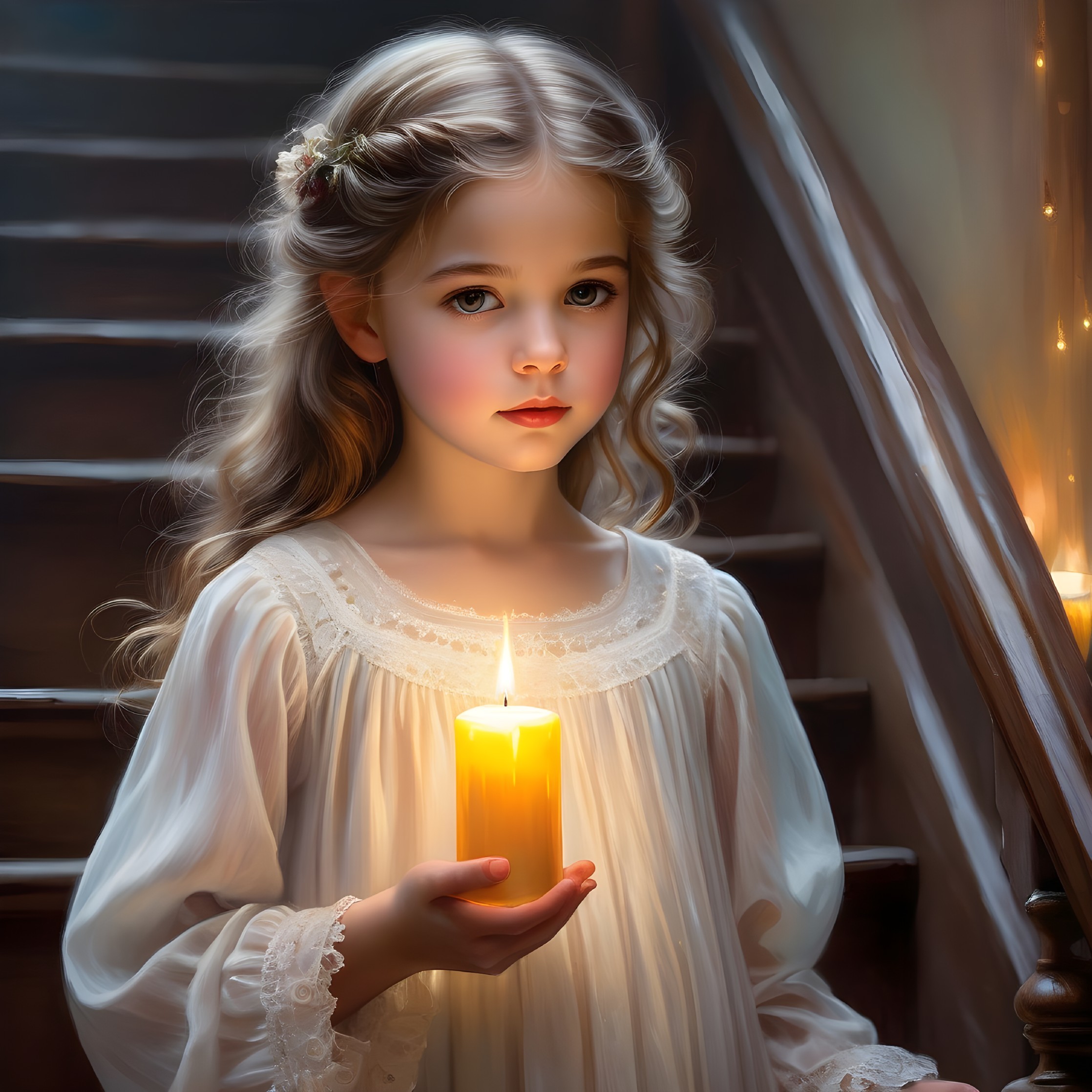 Young girl with candle on wooden staircase