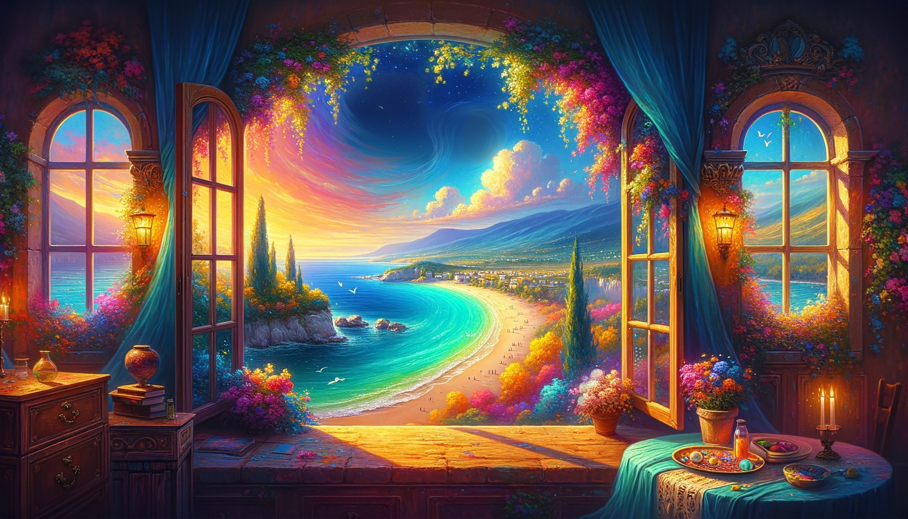 Vibrant Coastal Scene with Flowers and Sunset View