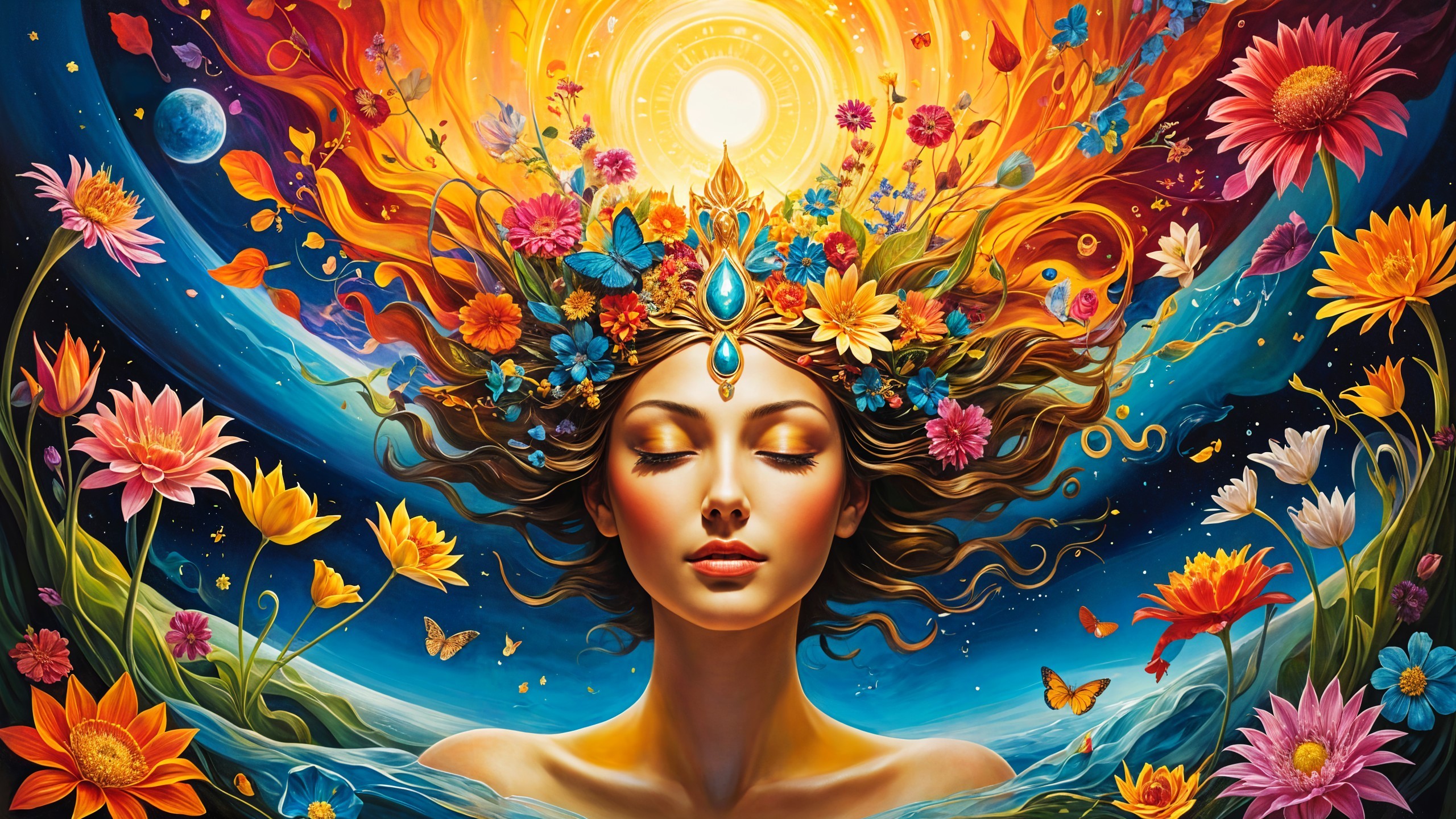 Serene Figure with Flowers and Cosmic Background