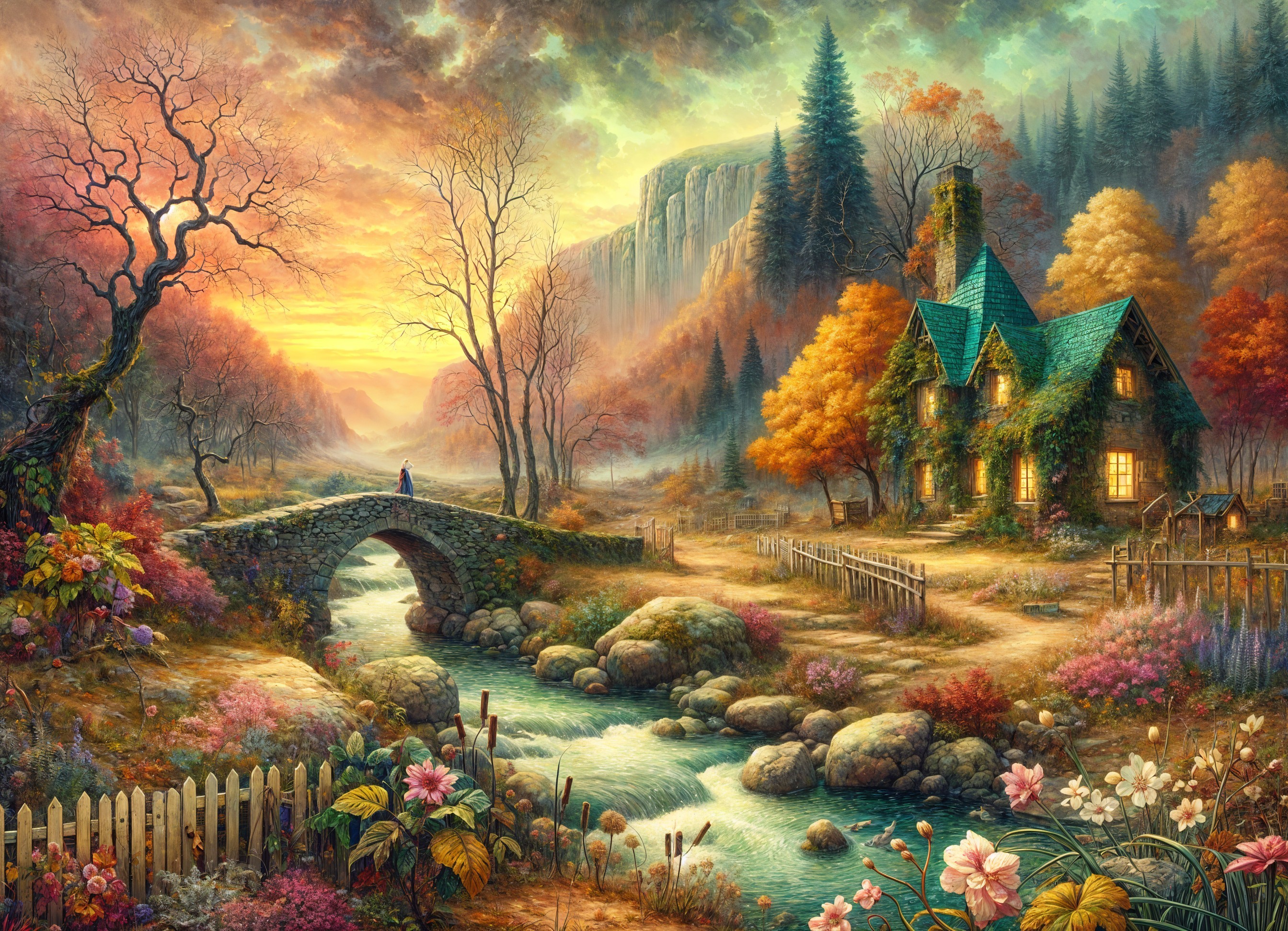 Cottage by Stream Amidst Autumn Foliage and Cliffs