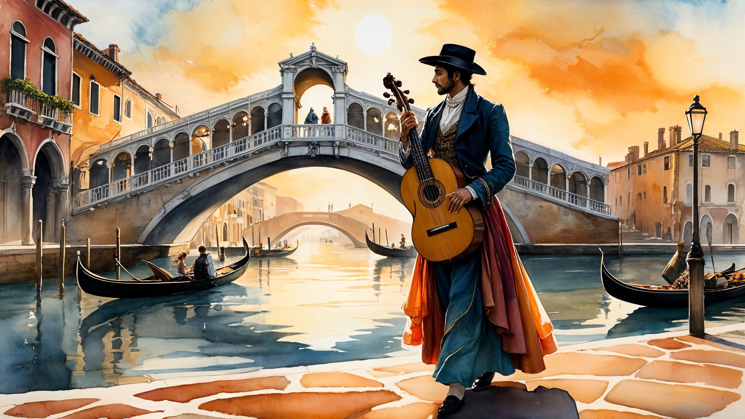 Musician Playing Guitar by Venice Canal at Sunset