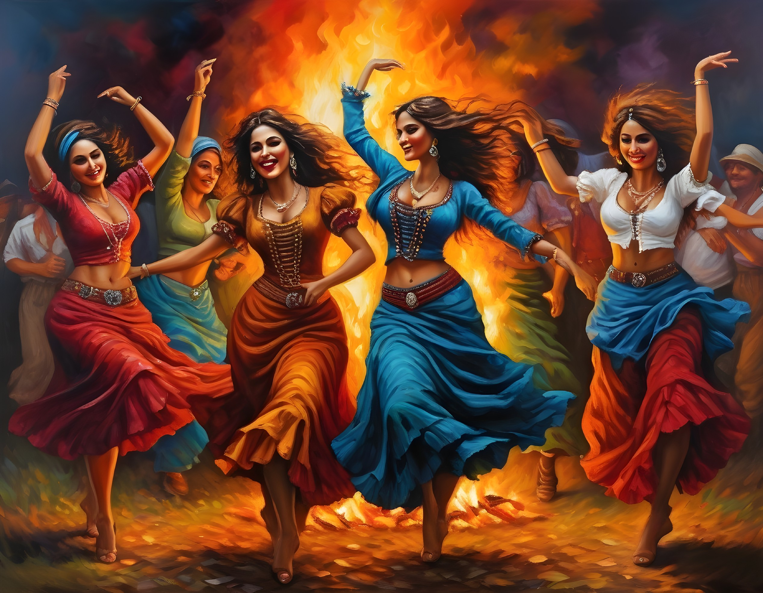 Colorful painting of five women dancing around bonfire with musician