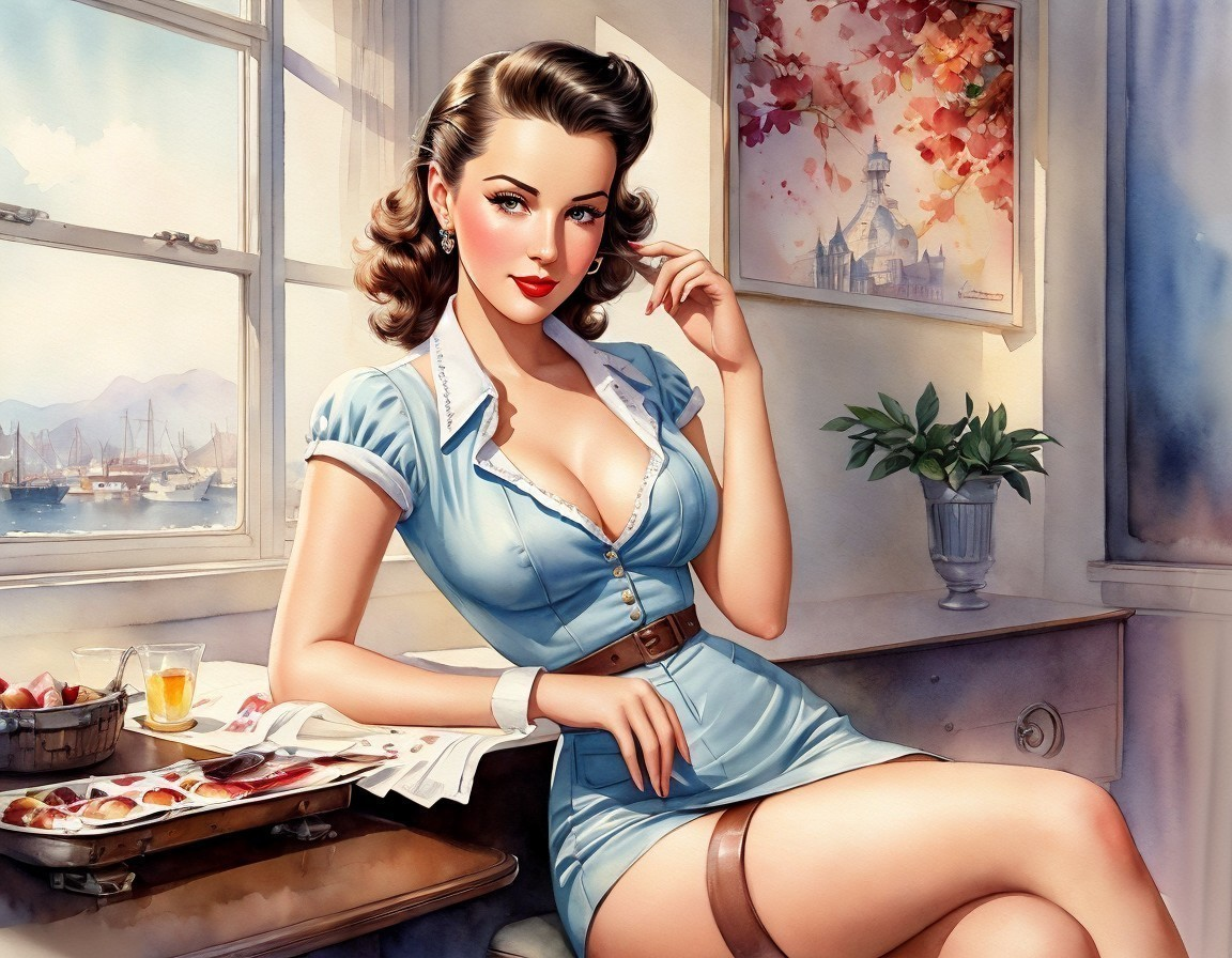Stylized woman in vintage blue dress by sunny window with maritime scene and breakfast tray.