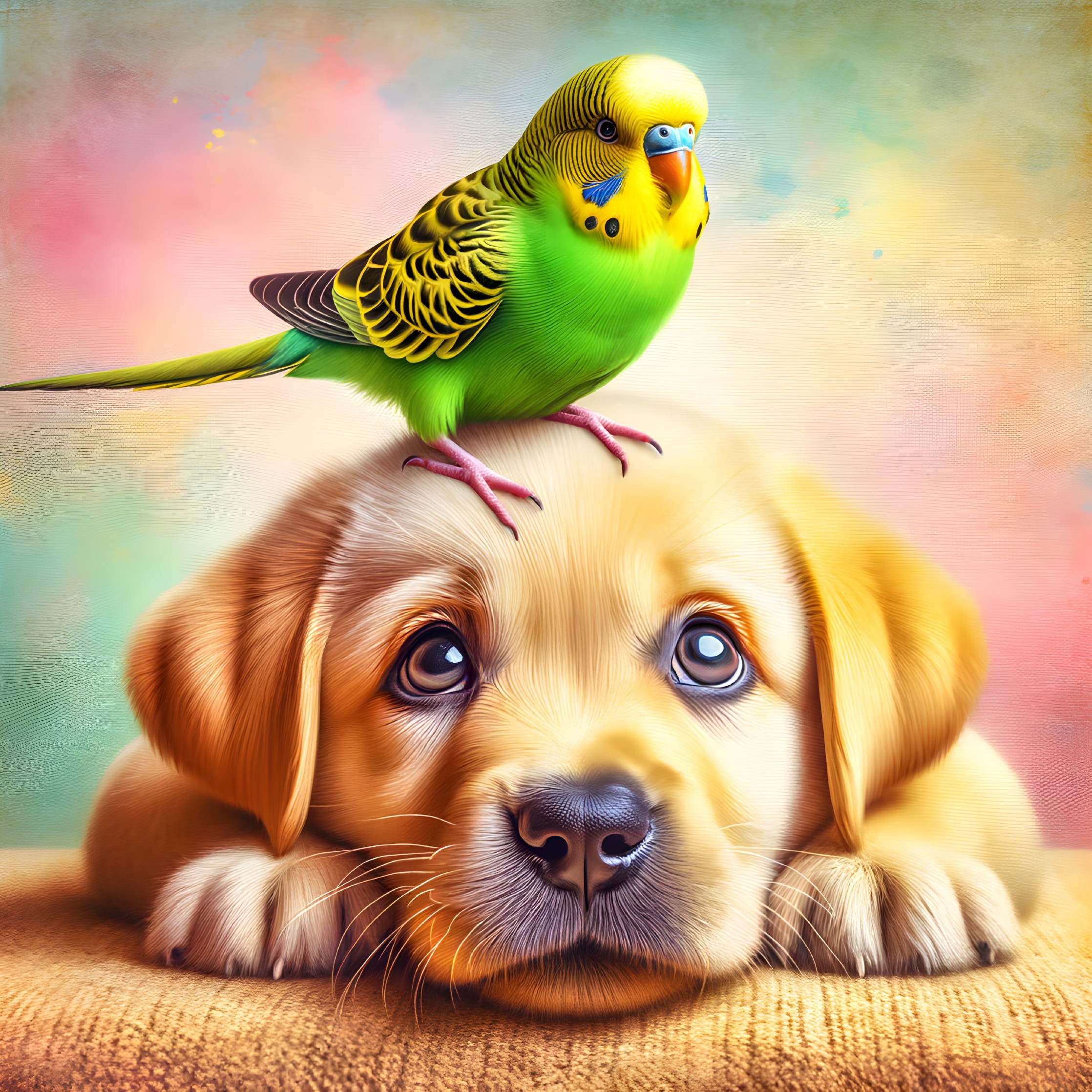 Golden Retriever Puppy with Budgerigar on Head