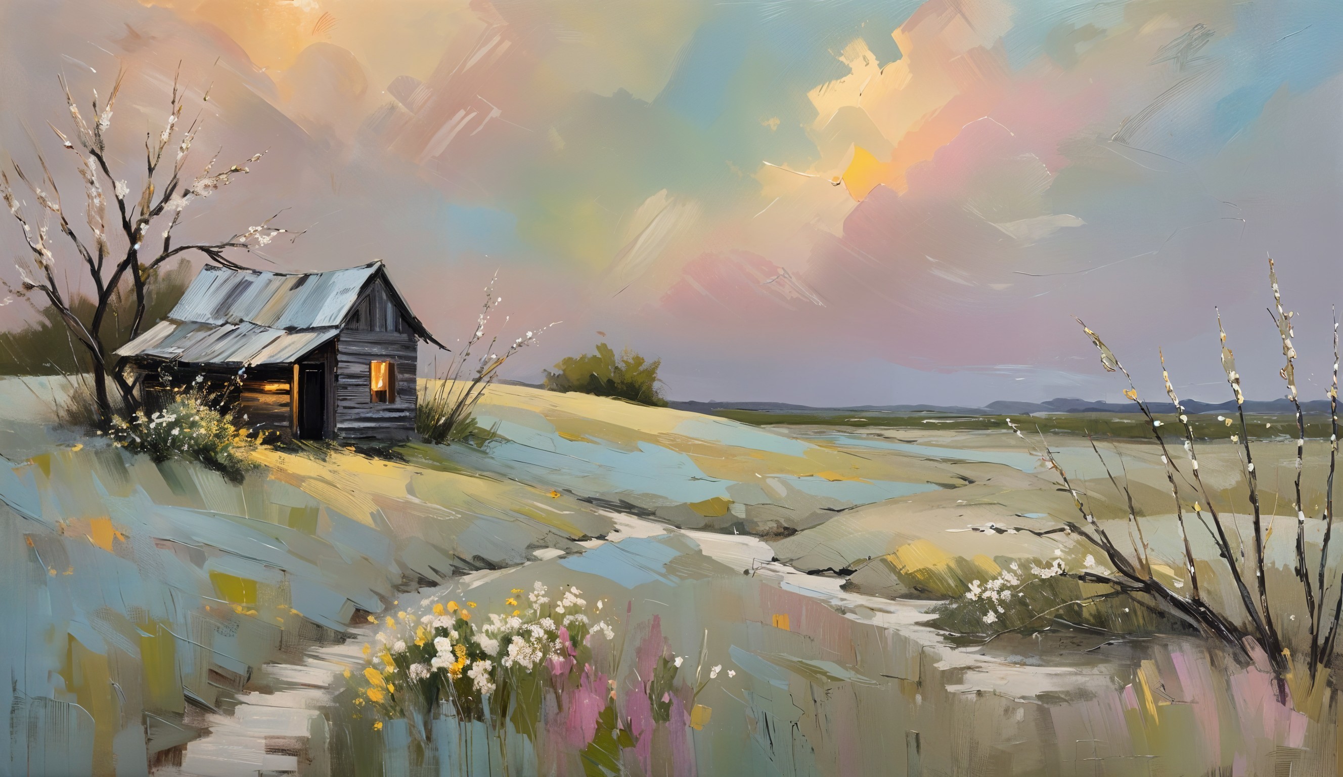 Serene Landscape with Wooden Cabin at Sunset