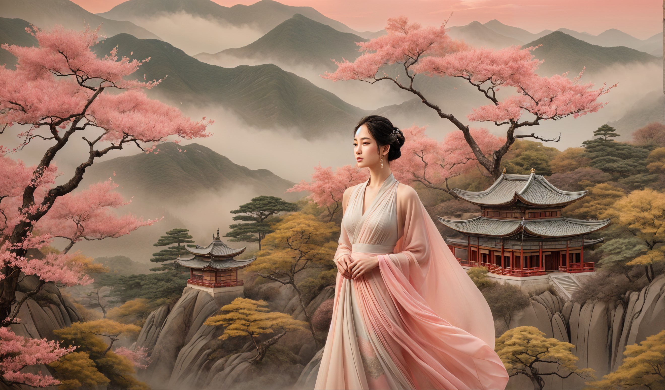 Serene Woman in Traditional Attire Among Mountains