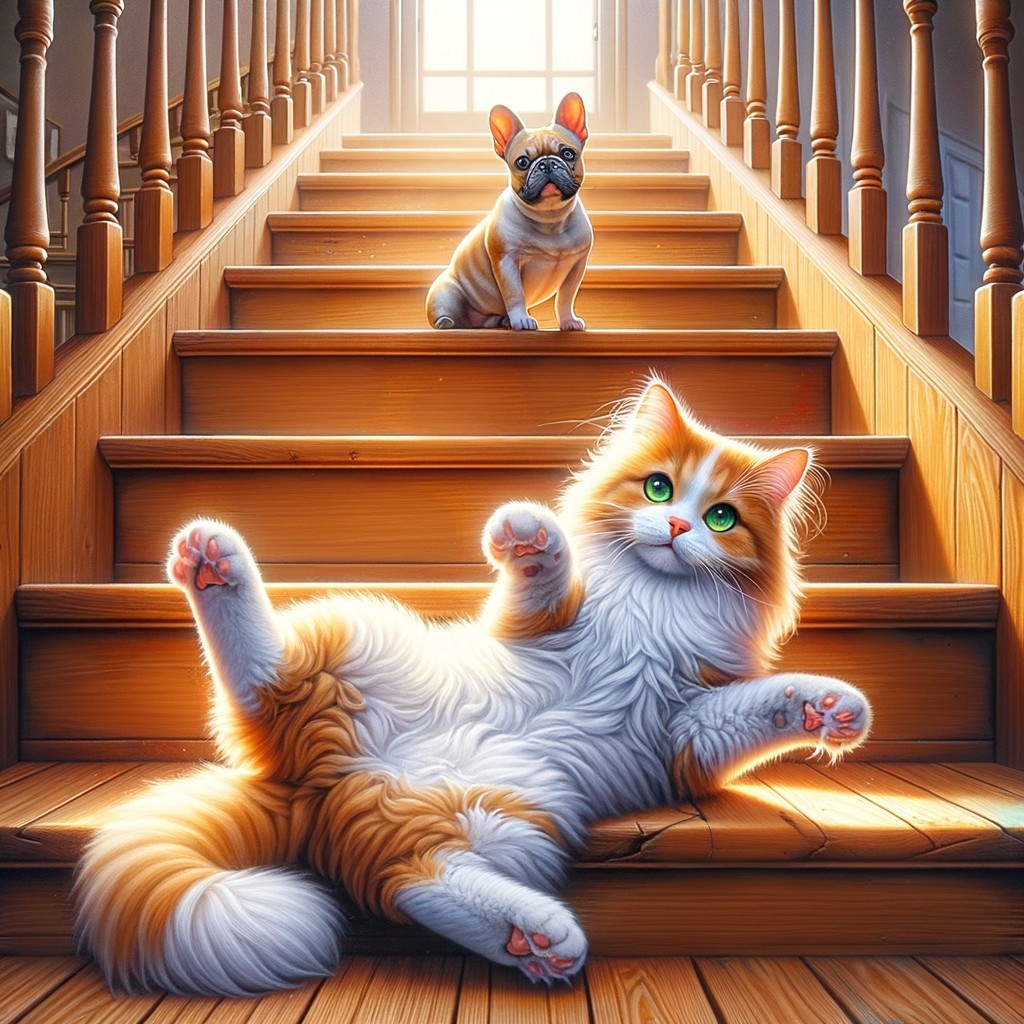 Fluffy Cat and French Bulldog on Wooden Staircase