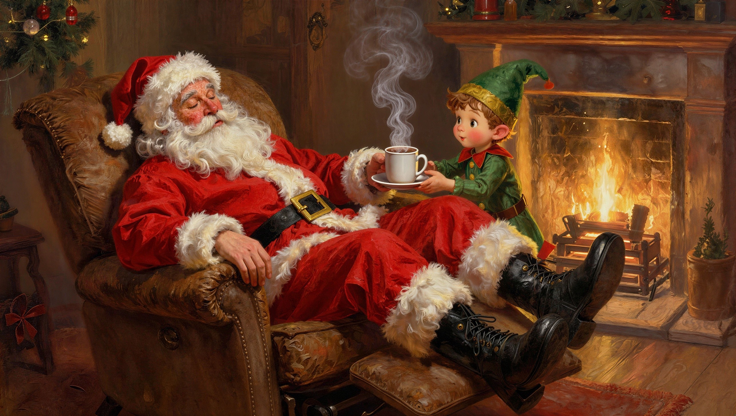 Santa Claus Asleep in Recliner with Elf Offering Cocoa