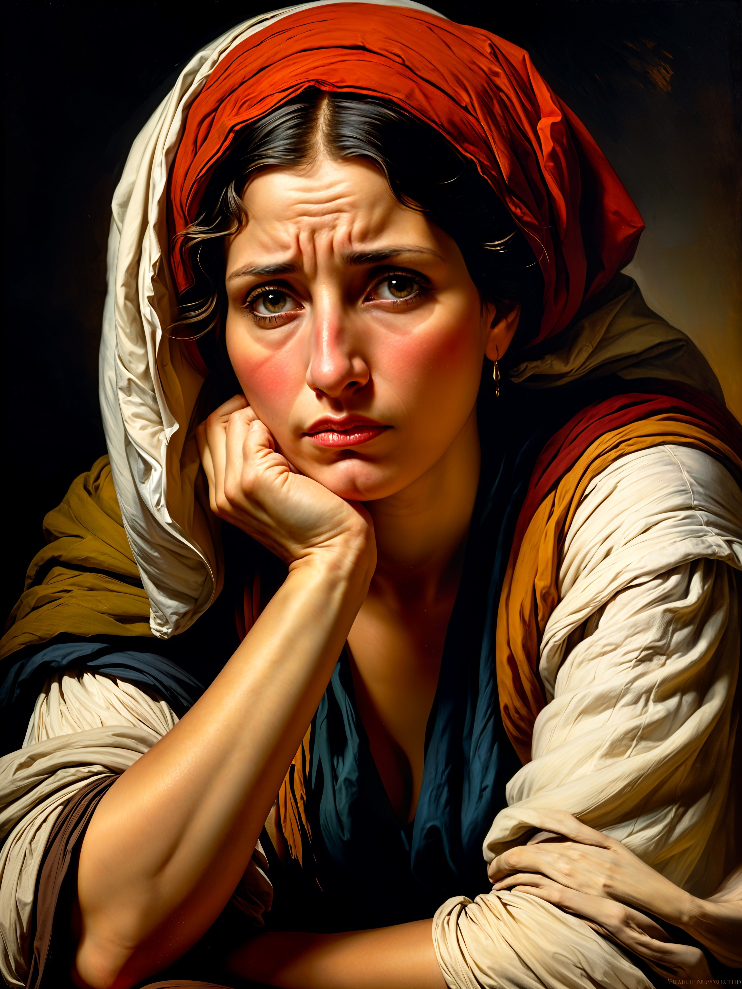 Young woman in vibrant shawl shows concern and introspection