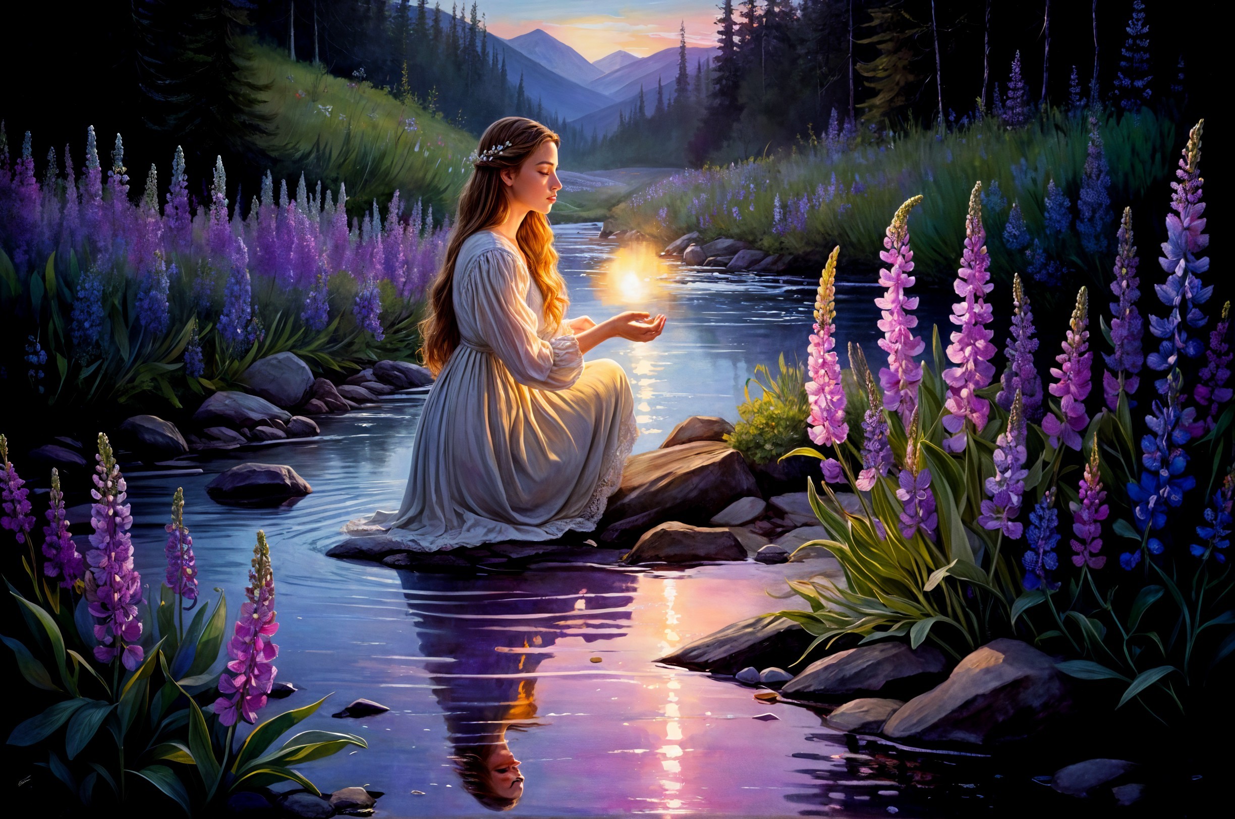 Young Woman in White Dress by Tranquil River Scene