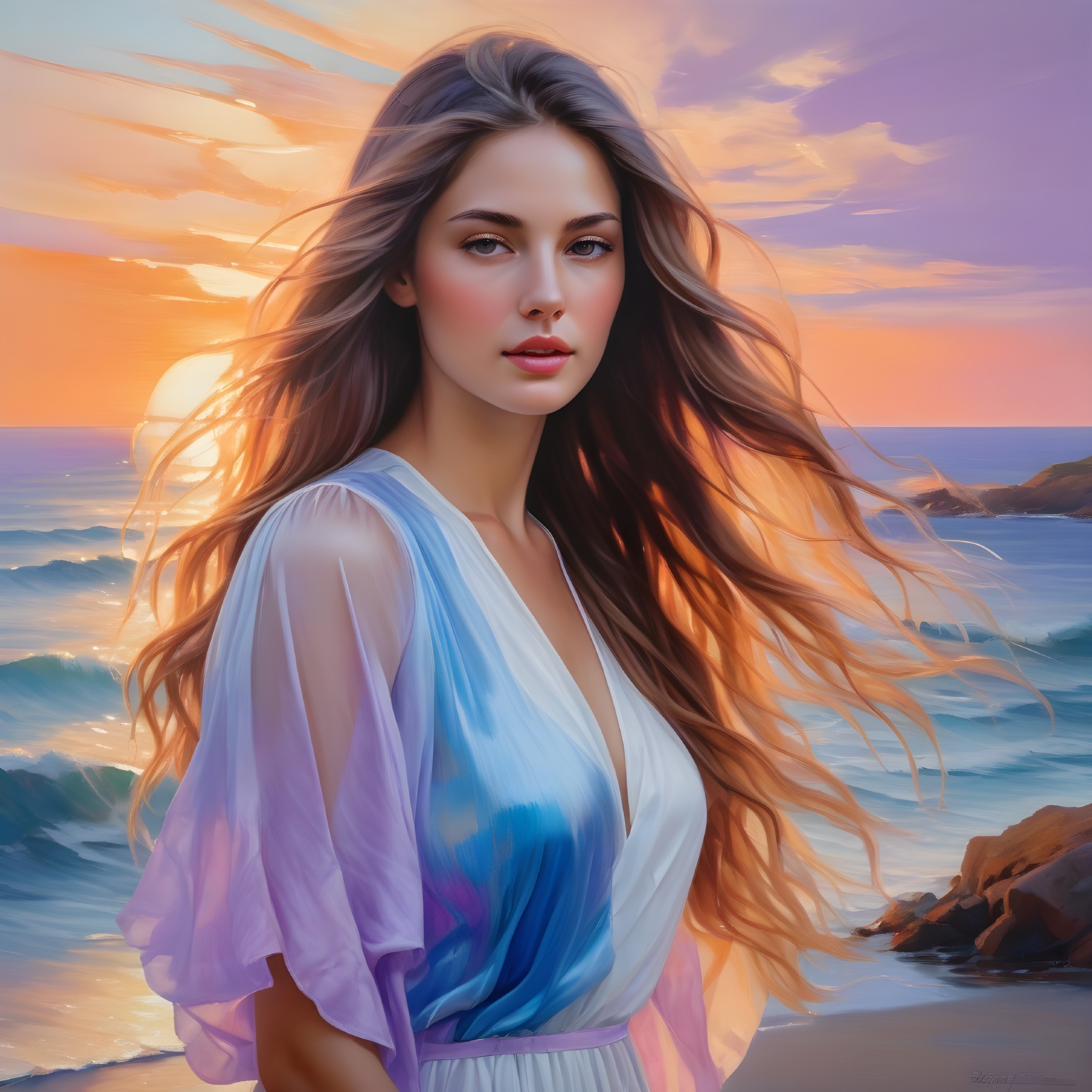 Serene Beach Sunset with Thoughtful Young Woman