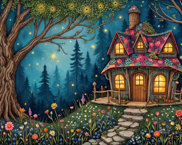 Whimsical Cottage in a Flower-Covered Landscape