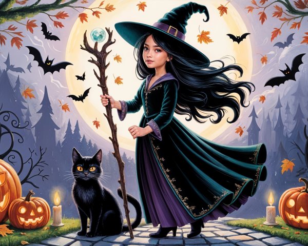 Young witch in mystical setting with glowing staff