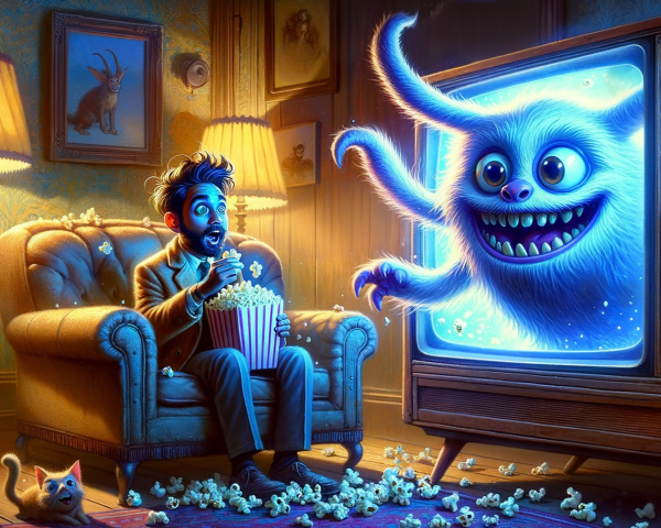 Cozy living room with whimsical creature and cats