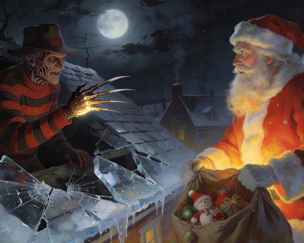 Freddy Krueger and Santa Claus on a Rooftop Scene