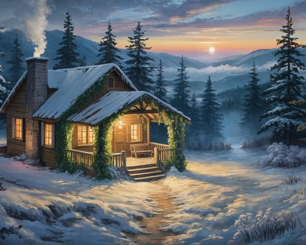 Cozy cabin in snowy landscape with sunset backdrop