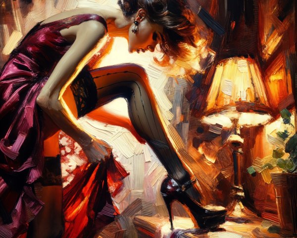 Full Body Oil Painting of Woman in Red Dress