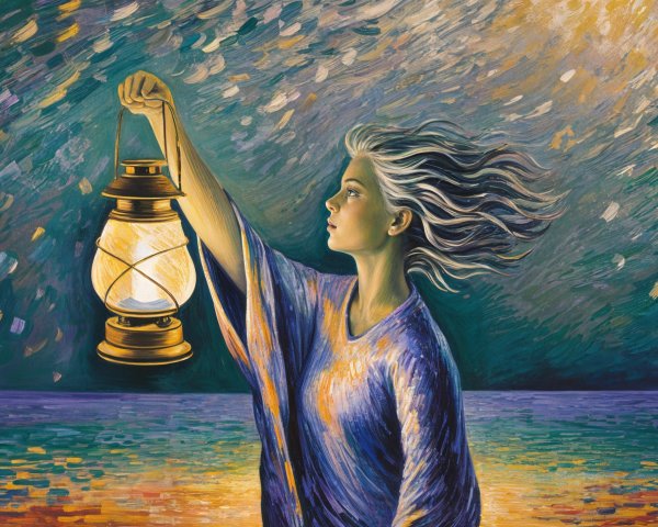 Young Woman with Lantern in Colorful Landscape