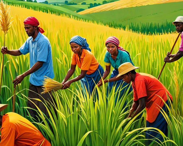 Agricultural Workers Harvesting Rice in Golden Field