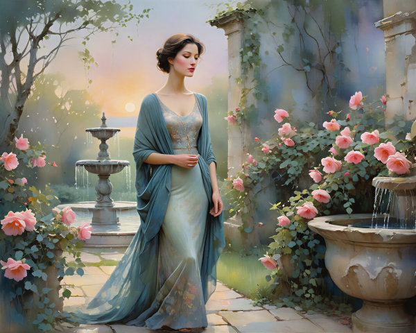 Serene Garden Scene with Woman by Fountain at Dawn