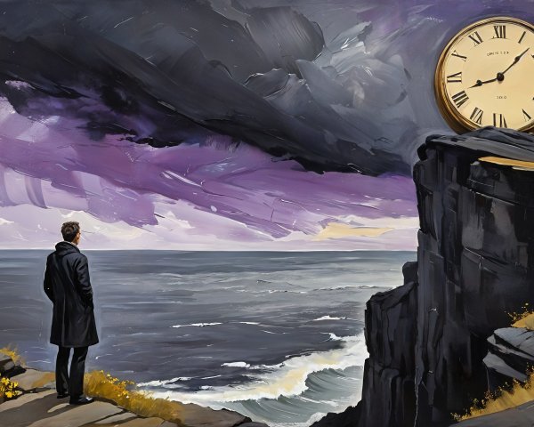 Solitary Figure on Cliff with Surreal Clock and Sea